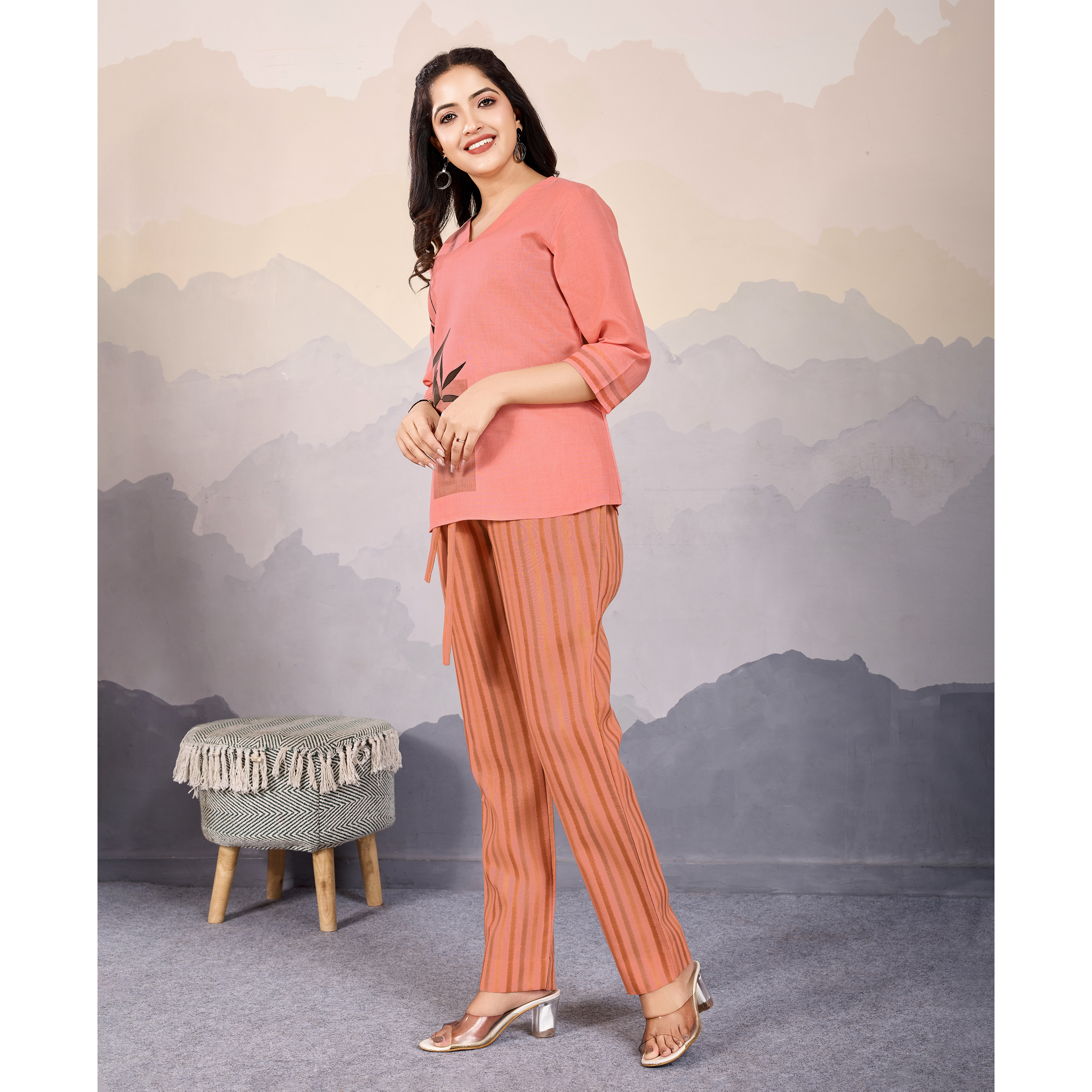 MOJILAA Women's Peach Linen Silk Leaf Printed Causal Co-ord Set