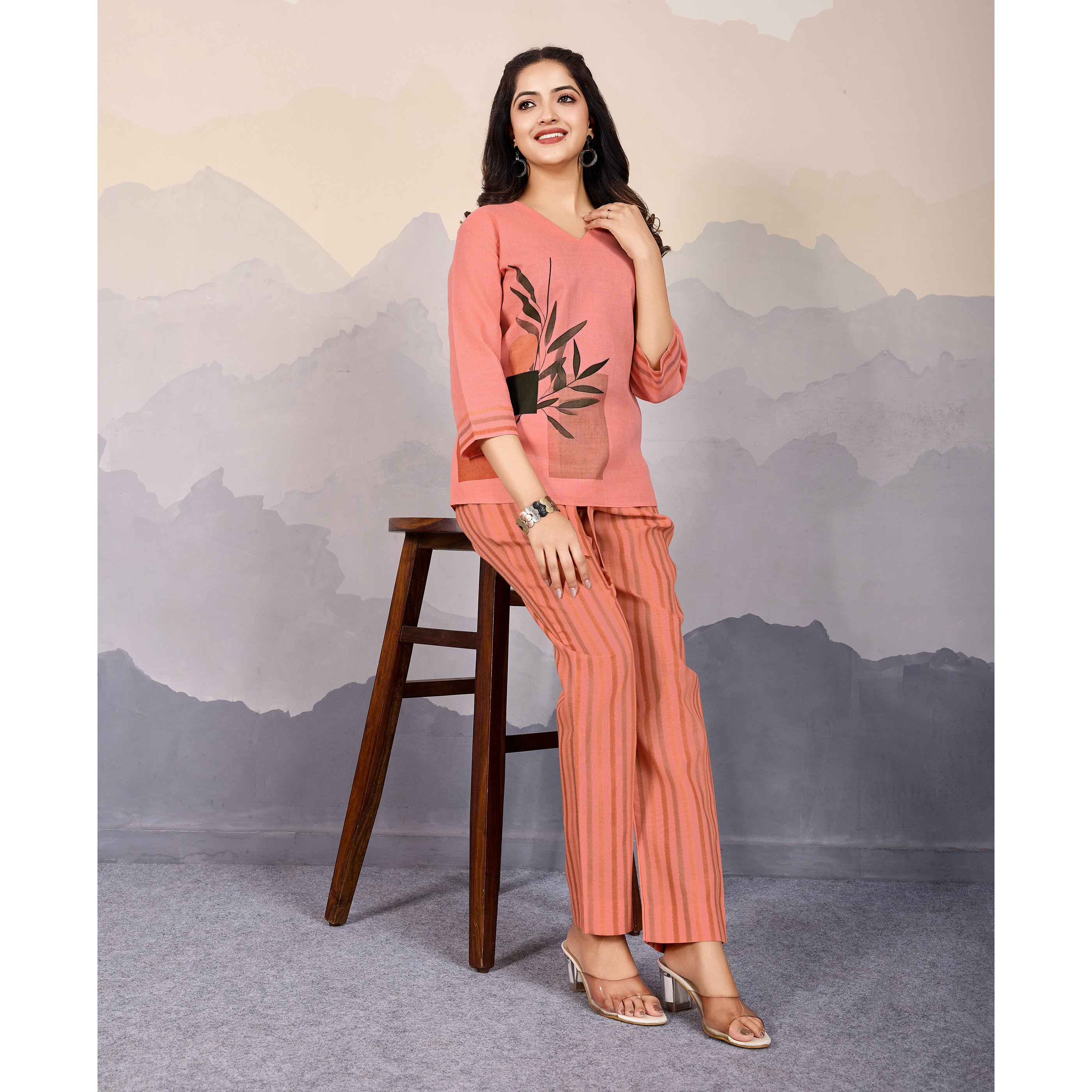 MOJILAA Women's Peach Linen Silk Leaf Printed Causal Co-ord Set