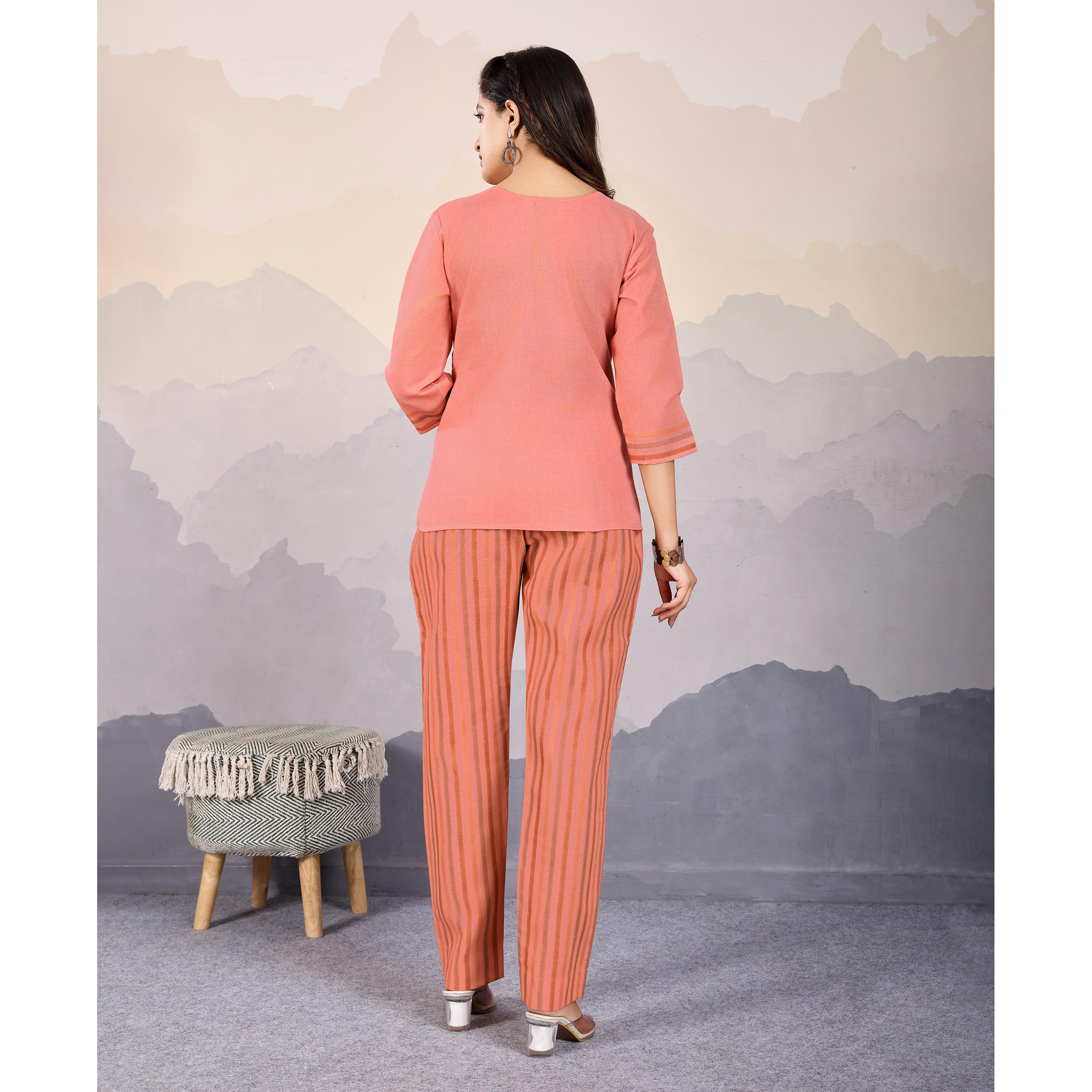 MOJILAA Women's Peach Linen Silk Leaf Printed Causal Co-ord Set