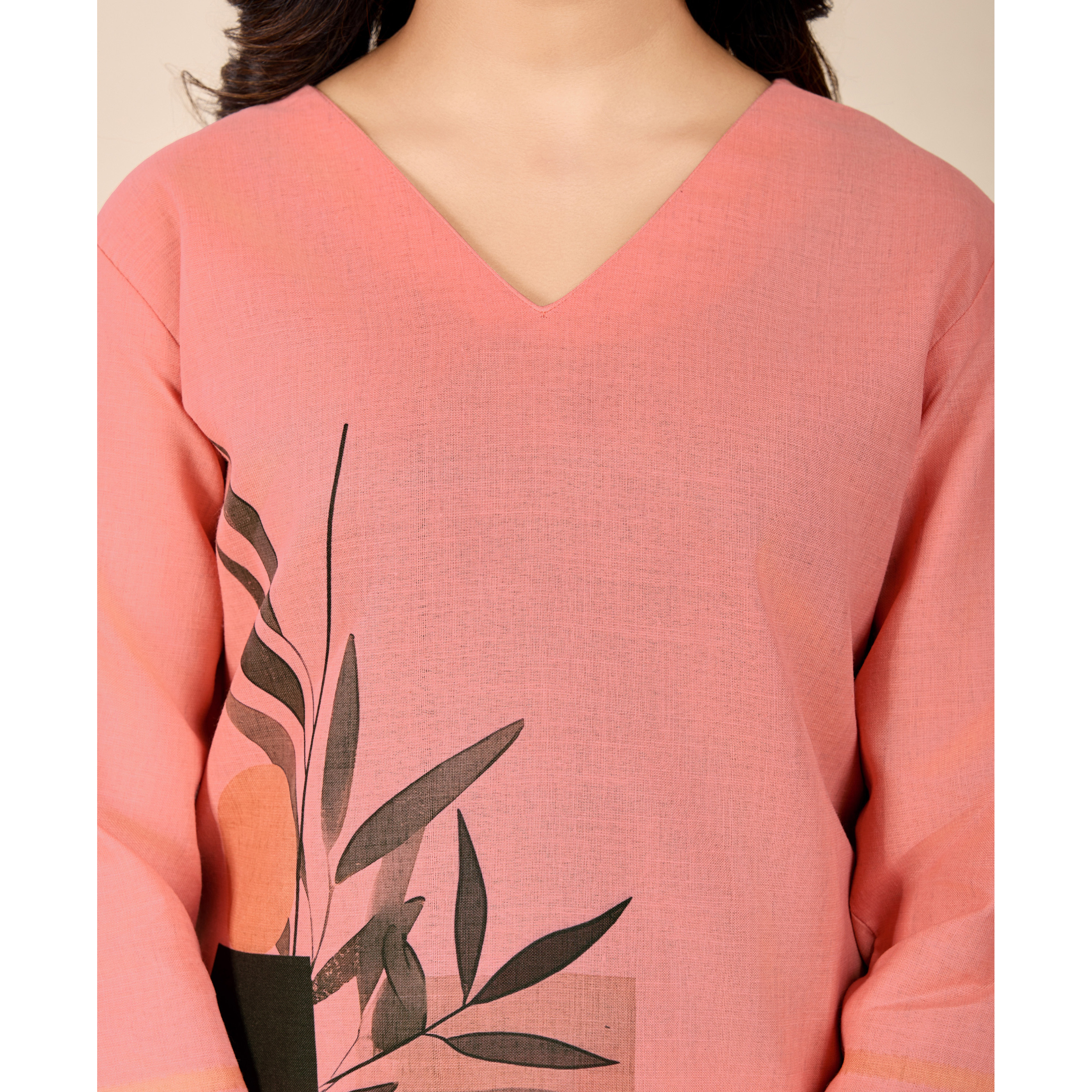 MOJILAA Women's Peach Linen Silk Leaf Printed Causal Co-ord Set
