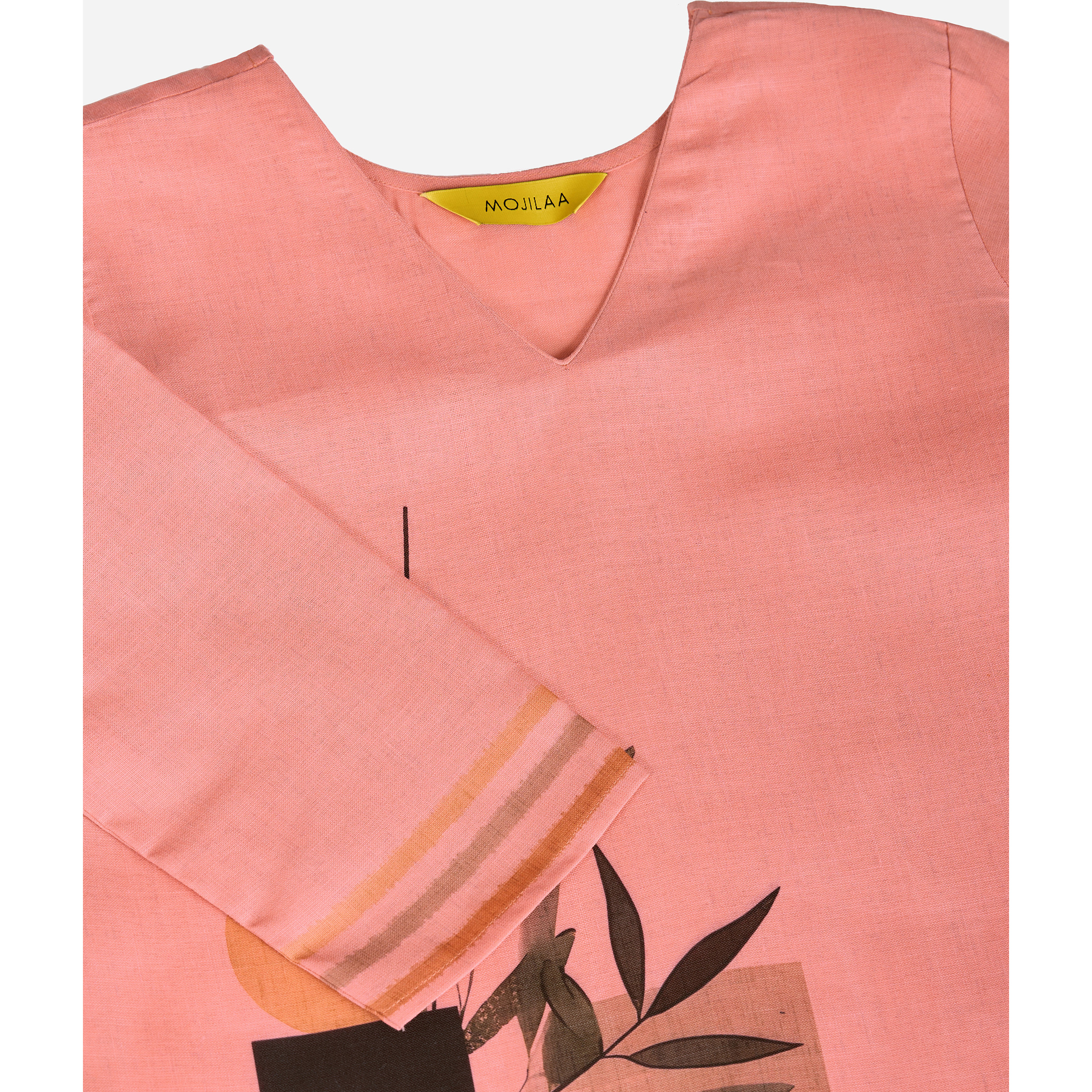 MOJILAA Women's Peach Linen Silk Leaf Printed Causal Co-ord Set