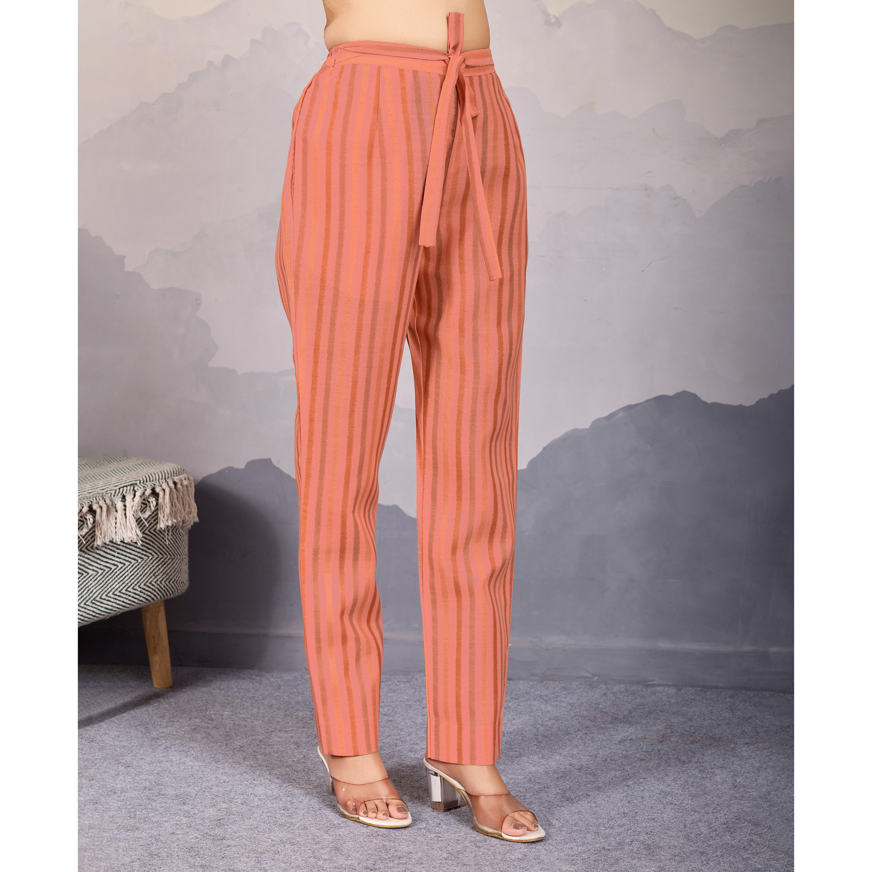 MOJILAA Women's Peach Linen Silk Leaf Printed Causal Co-ord Set