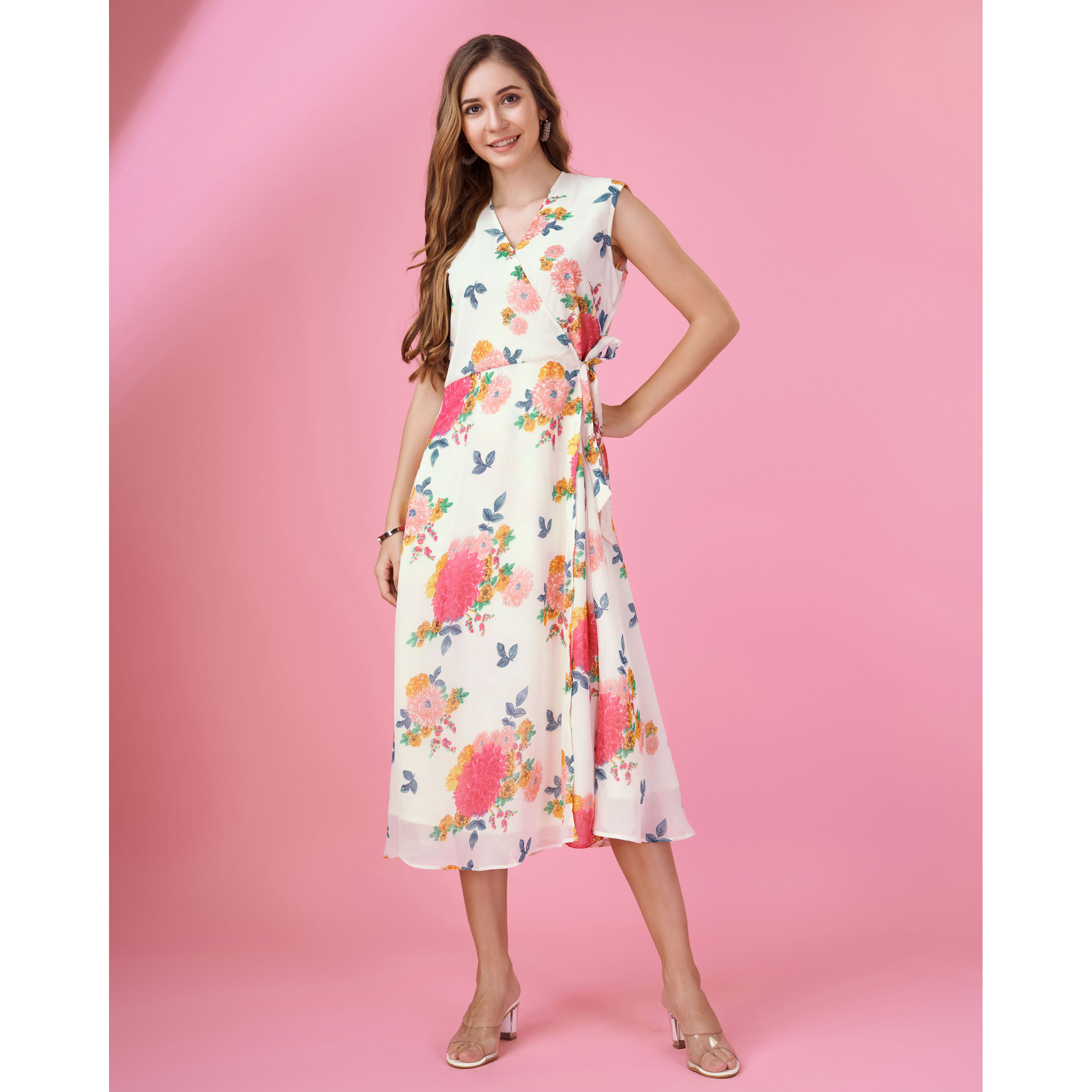 MOJILAA Women's Pink Georgette Floral Printed Wrap Dress With Front-Slit