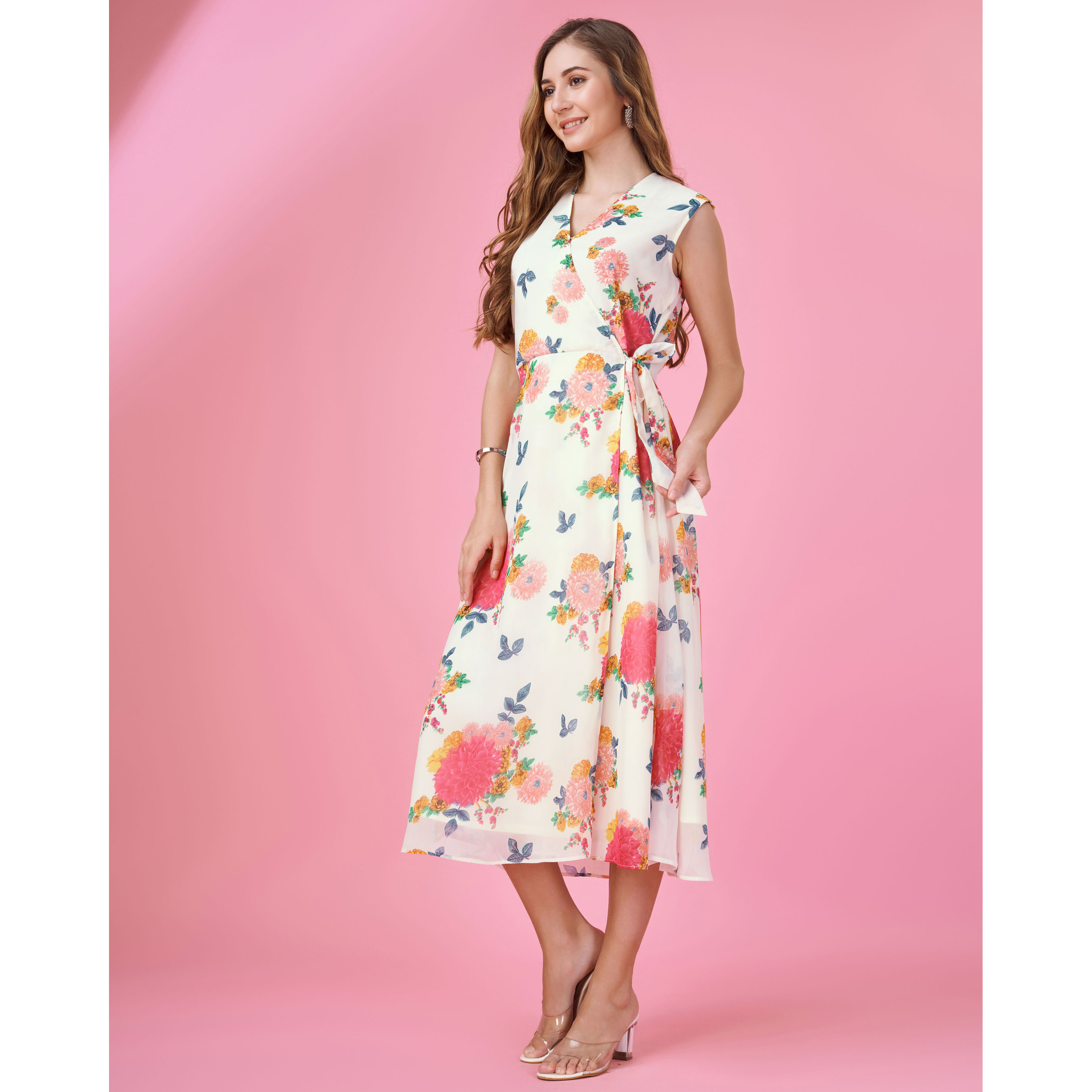 MOJILAA Women's Pink Georgette Floral Printed Wrap Dress With Front-Slit (Size S, Color Pink)