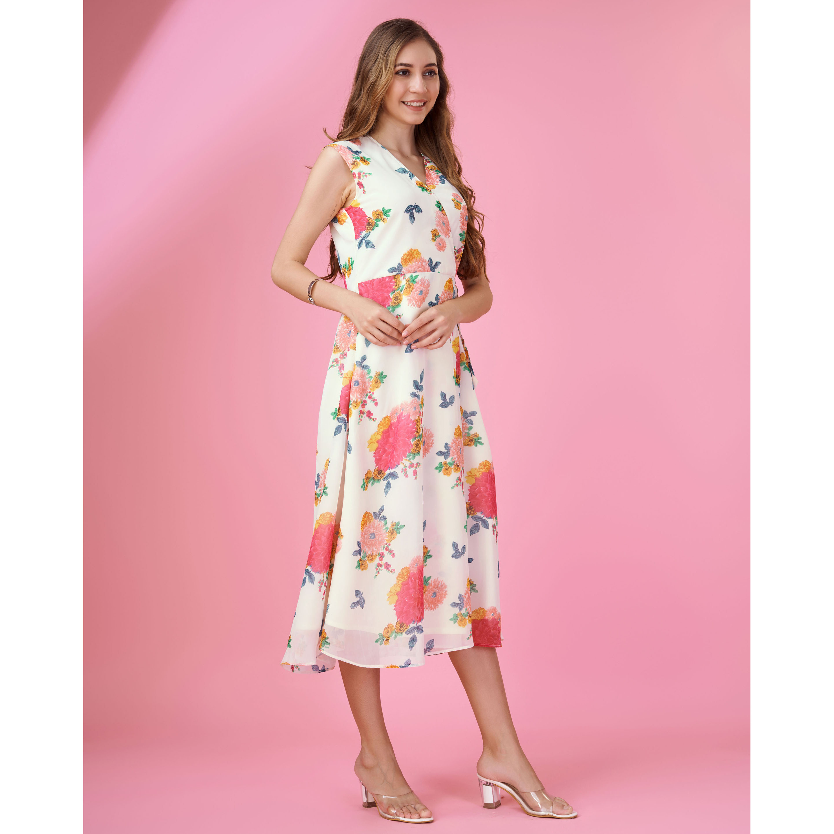 MOJILAA Women's Pink Georgette Floral Printed Wrap Dress With Front-Slit (Size S, Color Pink)
