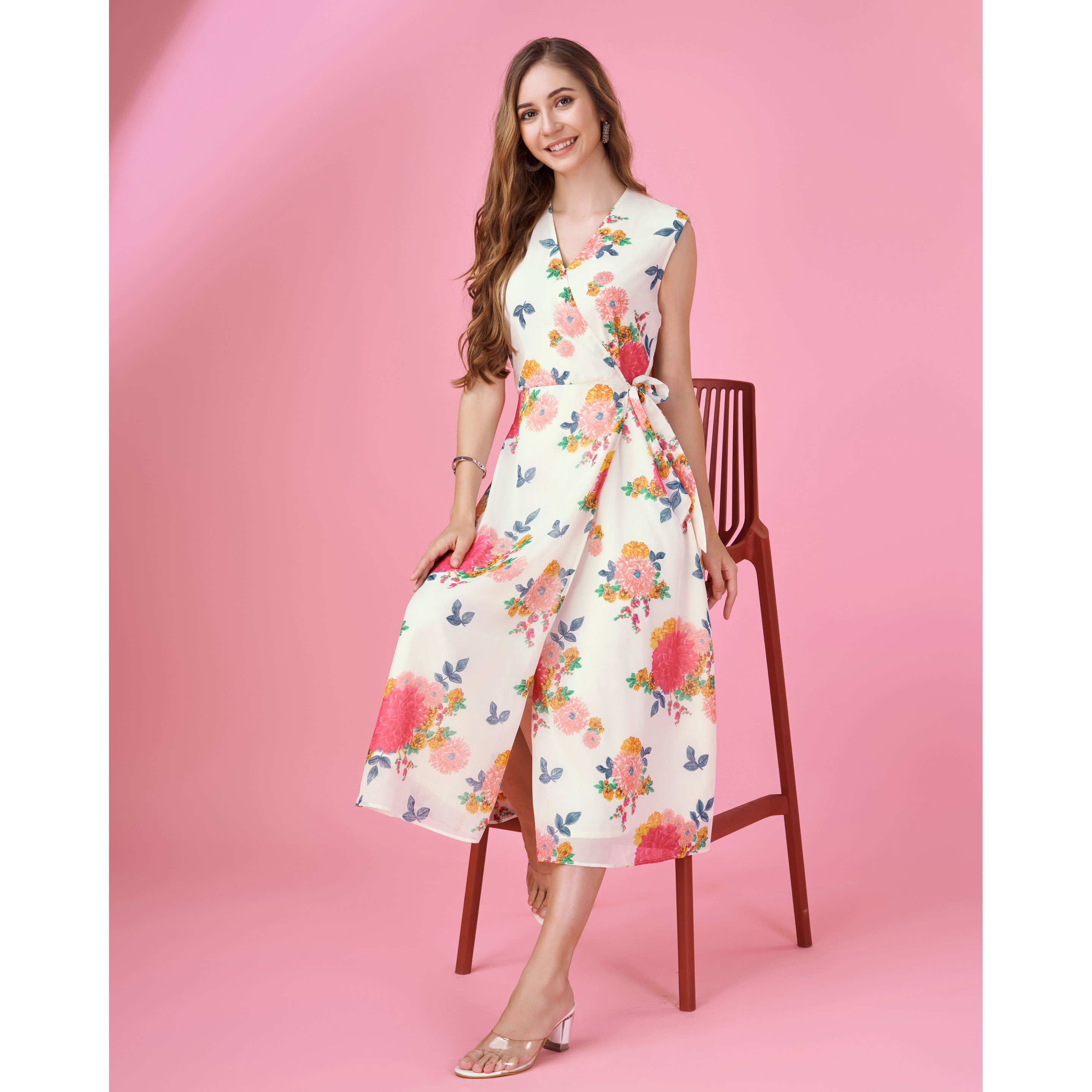 MOJILAA Women's Pink Georgette Floral Printed Wrap Dress With Front-Slit (Size S, Color Pink)