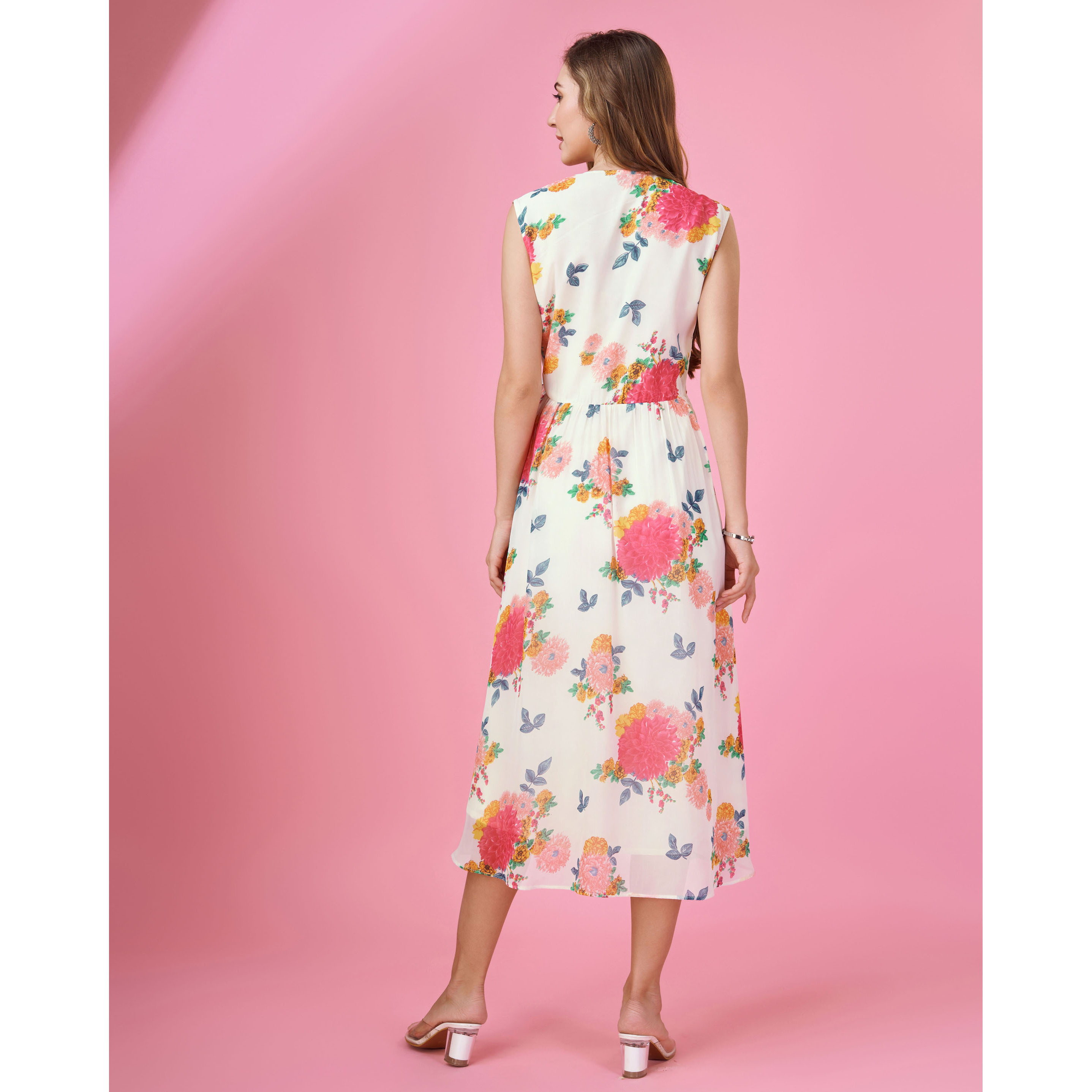 MOJILAA Women's Pink Georgette Floral Printed Wrap Dress With Front-Slit (Size S, Color Pink)