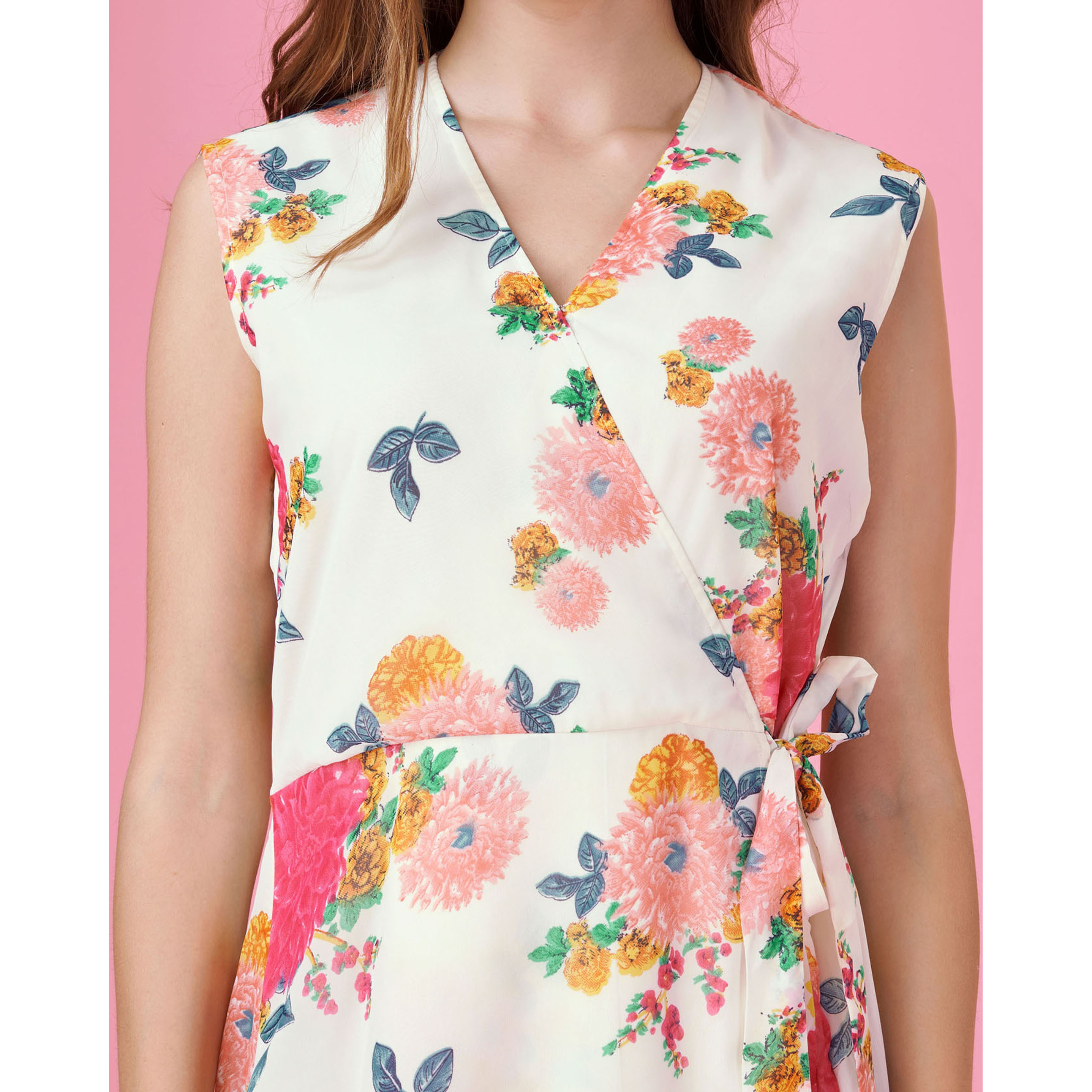 MOJILAA Women's Pink Georgette Floral Printed Wrap Dress With Front-Slit (Size S, Color Pink)