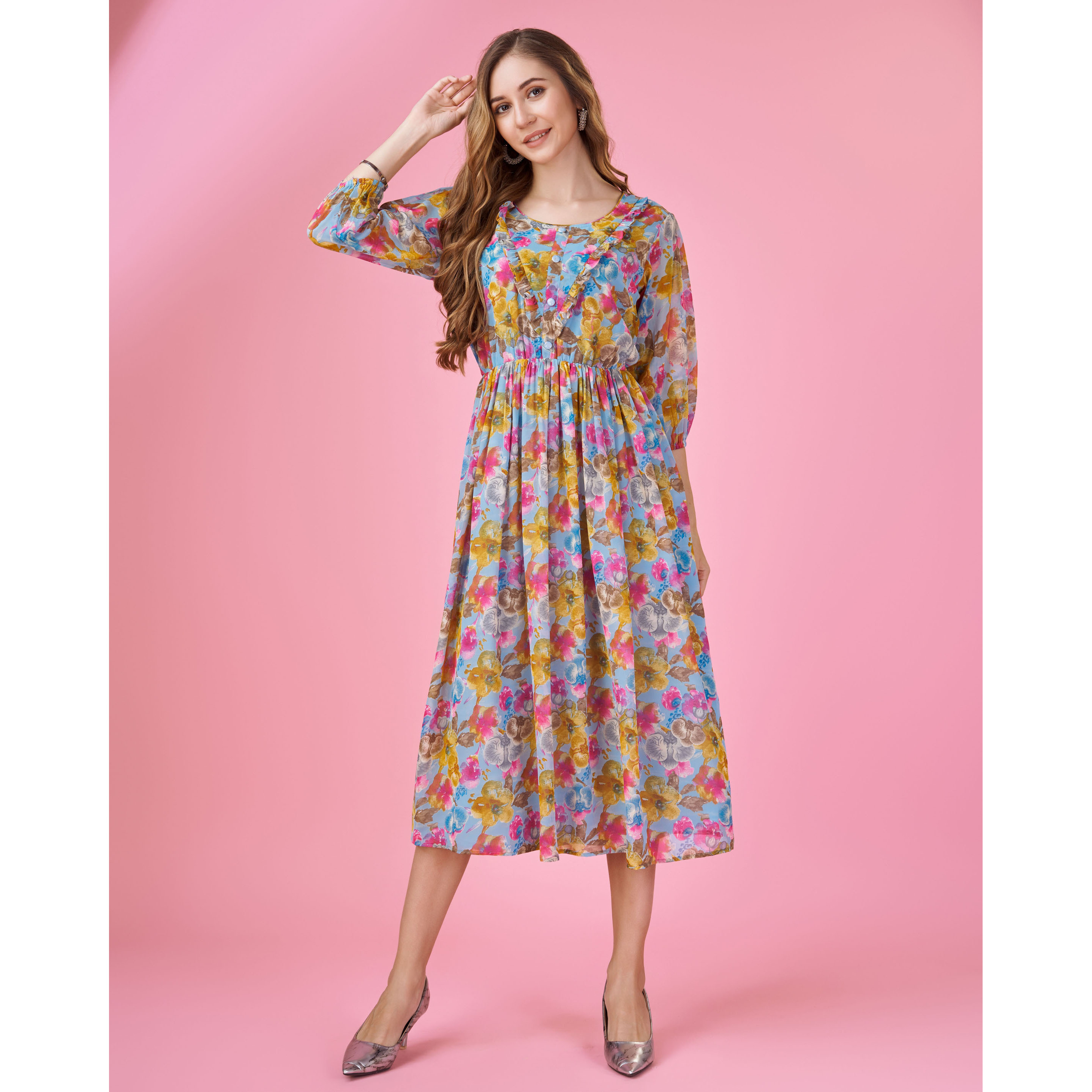 MOJILAA Women's Blue Georgette Floral Printed Fit And Flare Dress With Ruffles