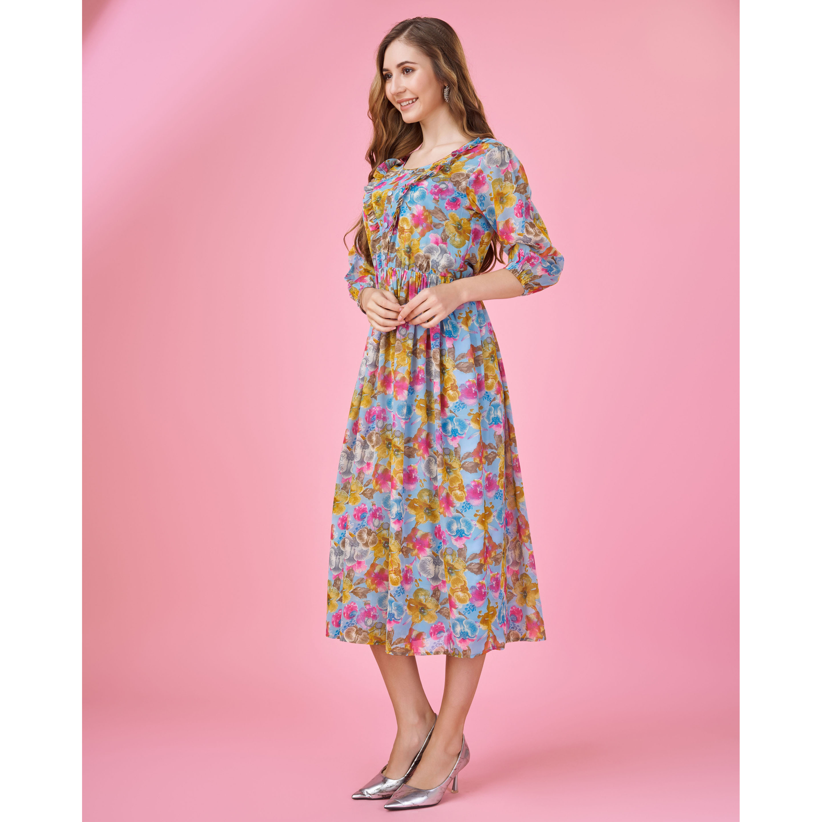 MOJILAA Women's Blue Georgette Floral Printed Fit And Flare Dress With Ruffles (Size S, Color Blue)