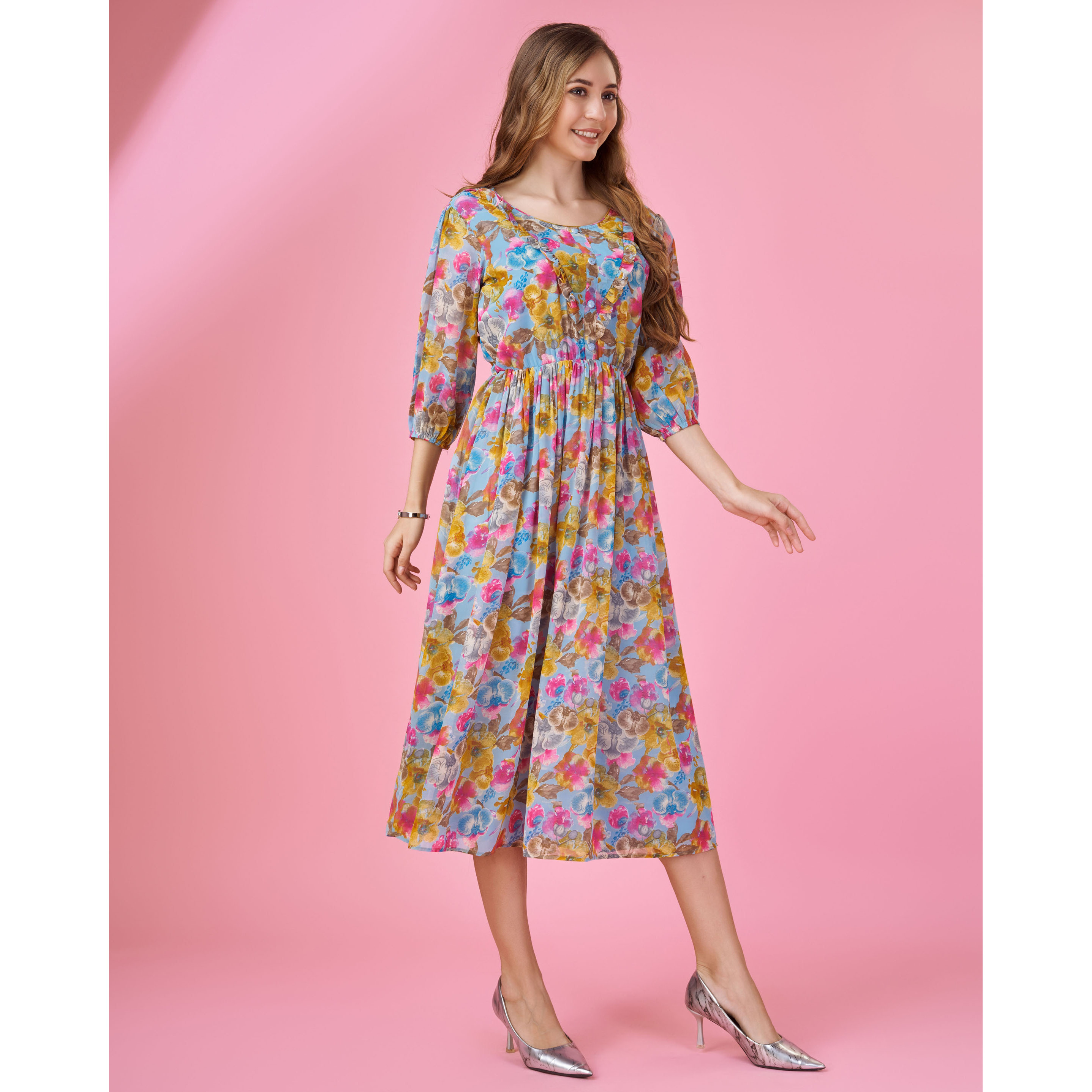 MOJILAA Women's Blue Georgette Floral Printed Fit And Flare Dress With Ruffles (Size S, Color Blue)