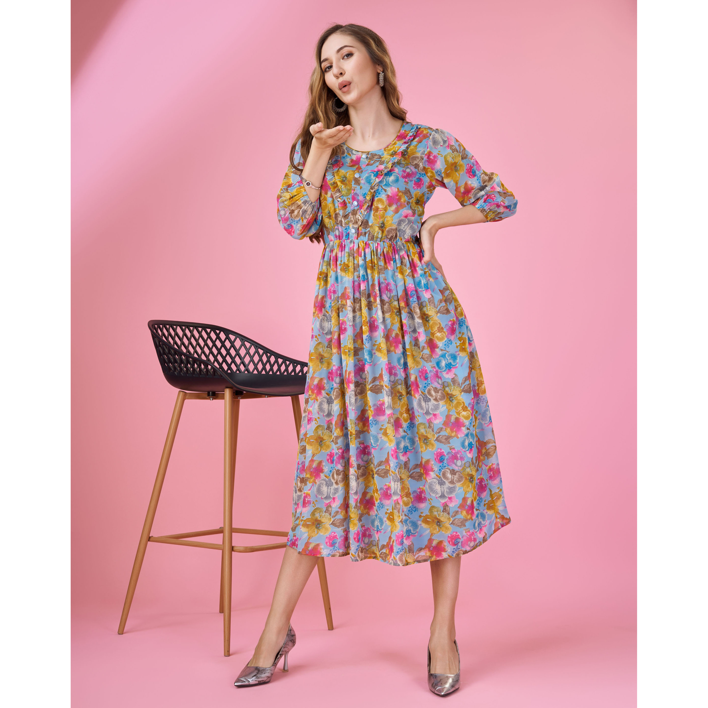 MOJILAA Women's Blue Georgette Floral Printed Fit And Flare Dress With Ruffles (Size S, Color Blue)