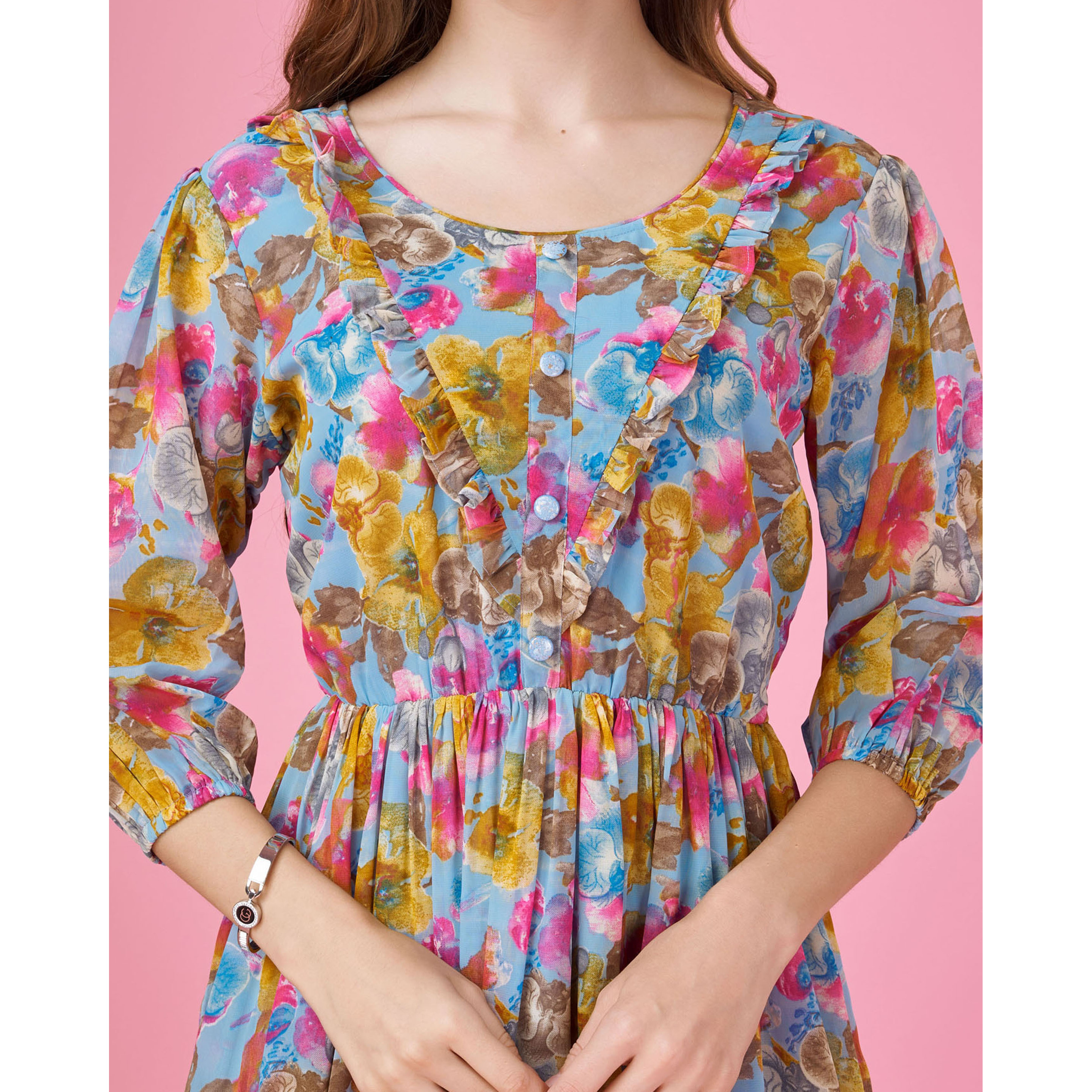 MOJILAA Women's Blue Georgette Floral Printed Fit And Flare Dress With Ruffles (Size S, Color Blue)