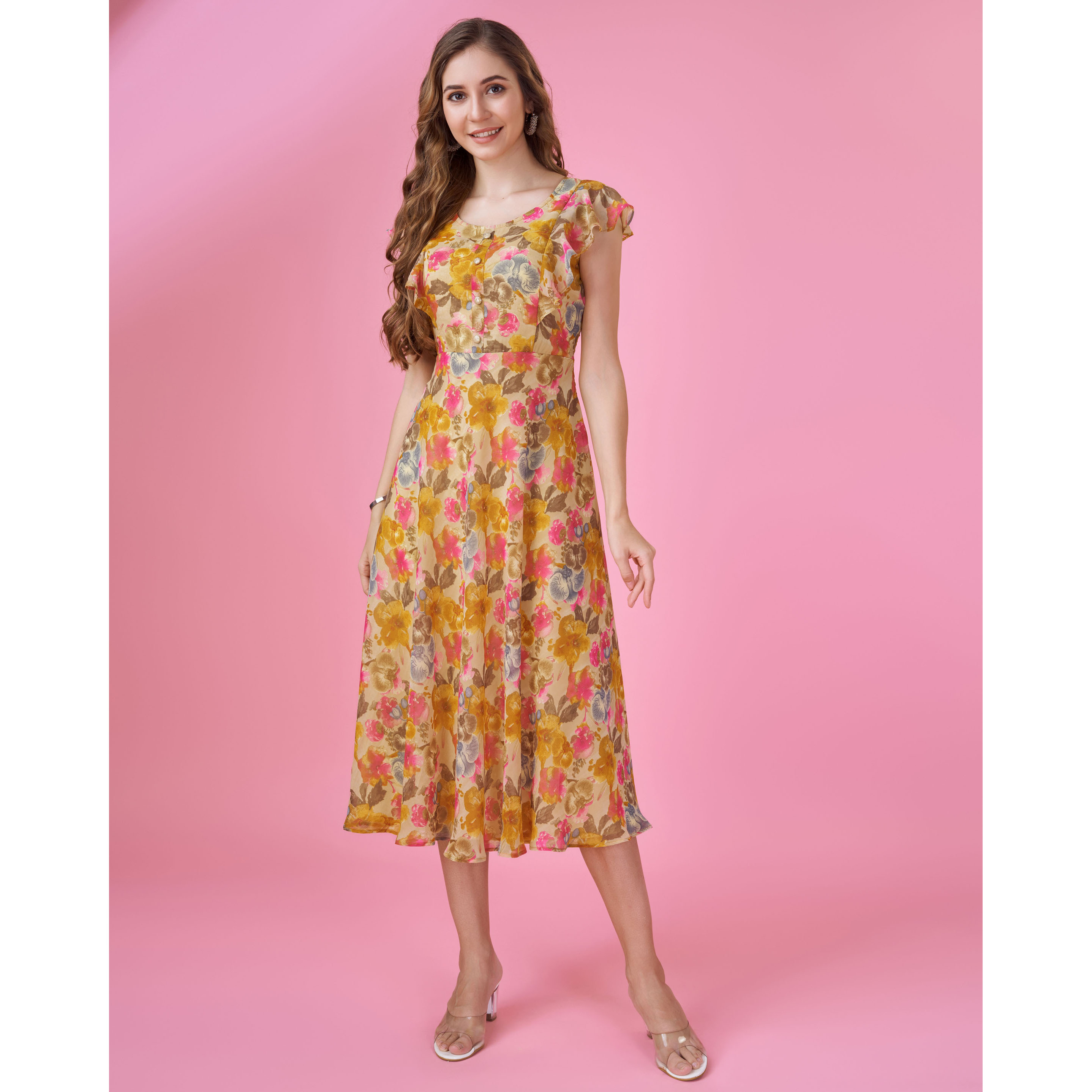 MOJILAA Women's Mustard Georgette Floral Printed Flared Dress With Ruffles