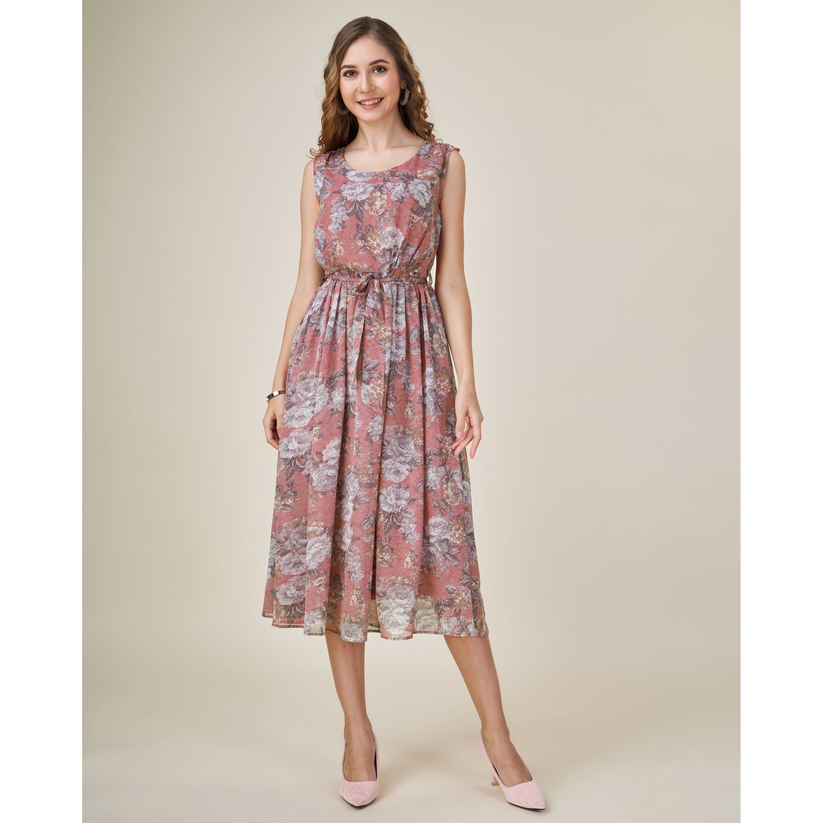MOJILAA Women's Brown Georgette Abstract Printed Gathered Dress With Belt