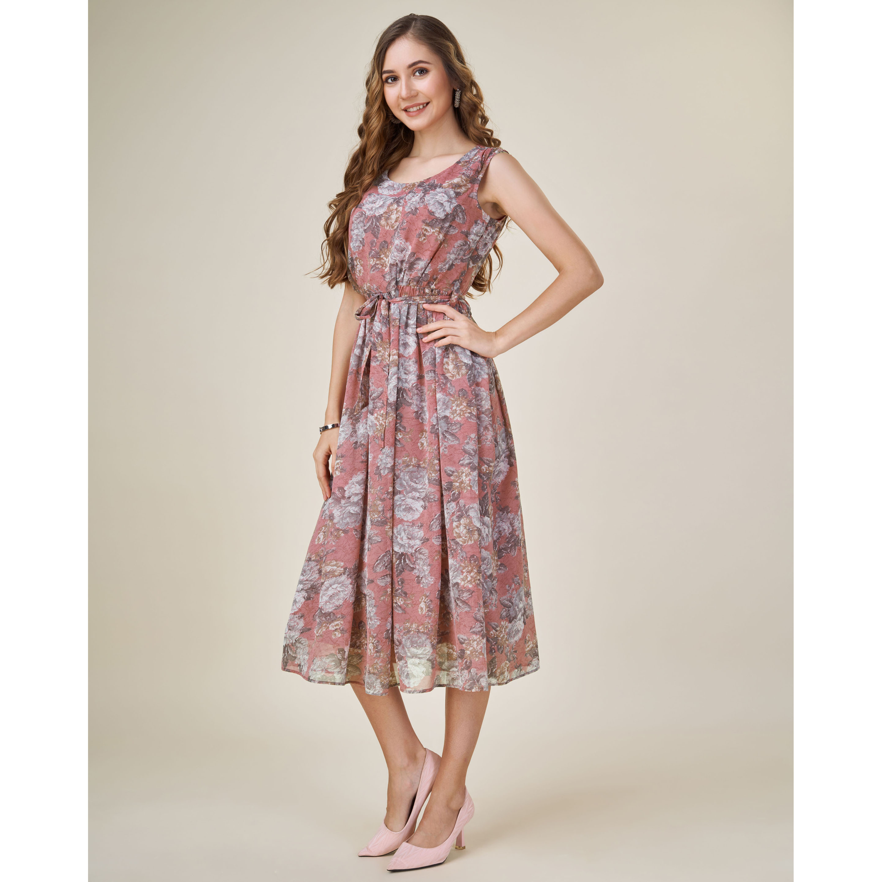 MOJILAA Women's Brown Georgette Abstract Printed Gathered Dress With Belt (Size S, Color Brown)