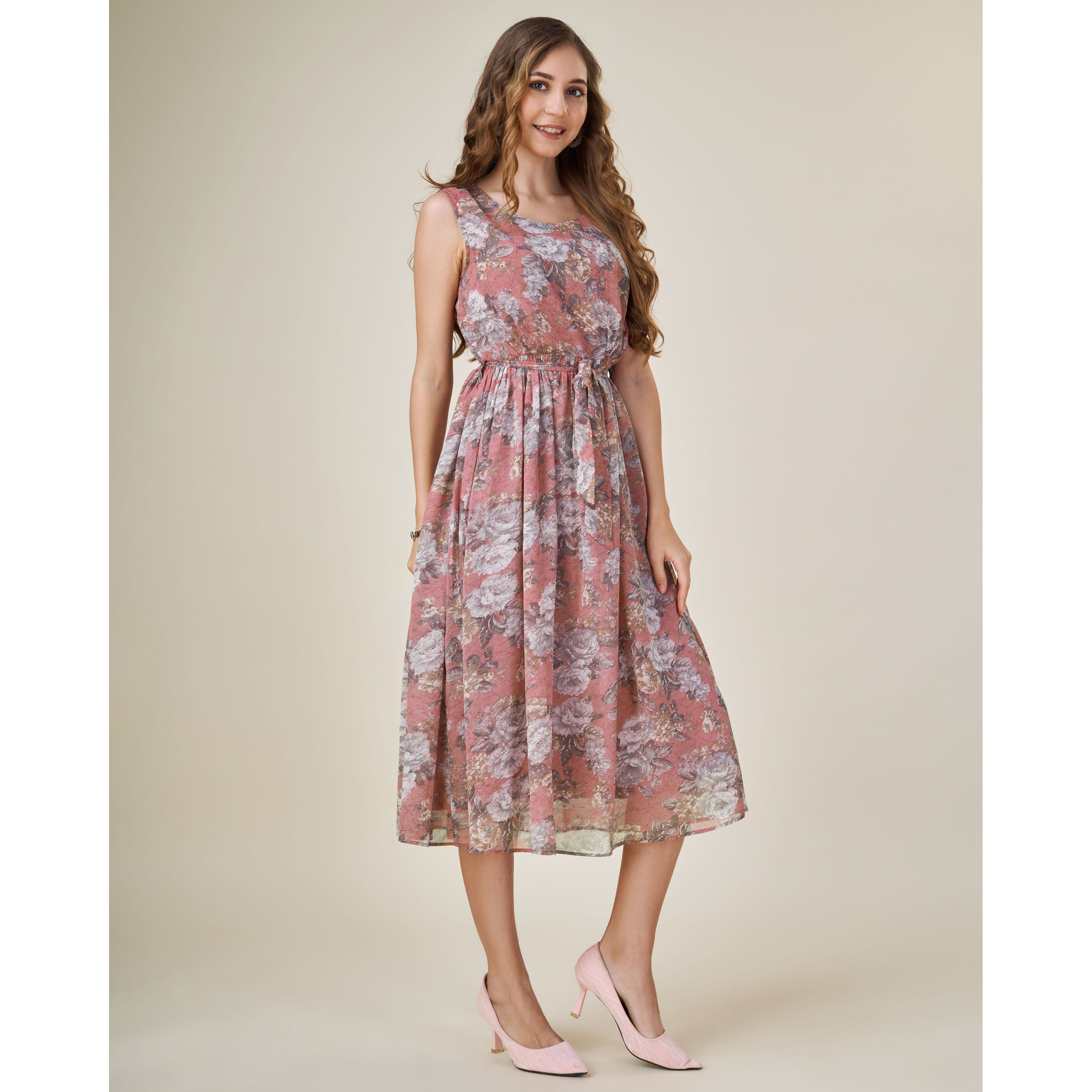 MOJILAA Women's Brown Georgette Abstract Printed Gathered Dress With Belt (Size S, Color Brown)