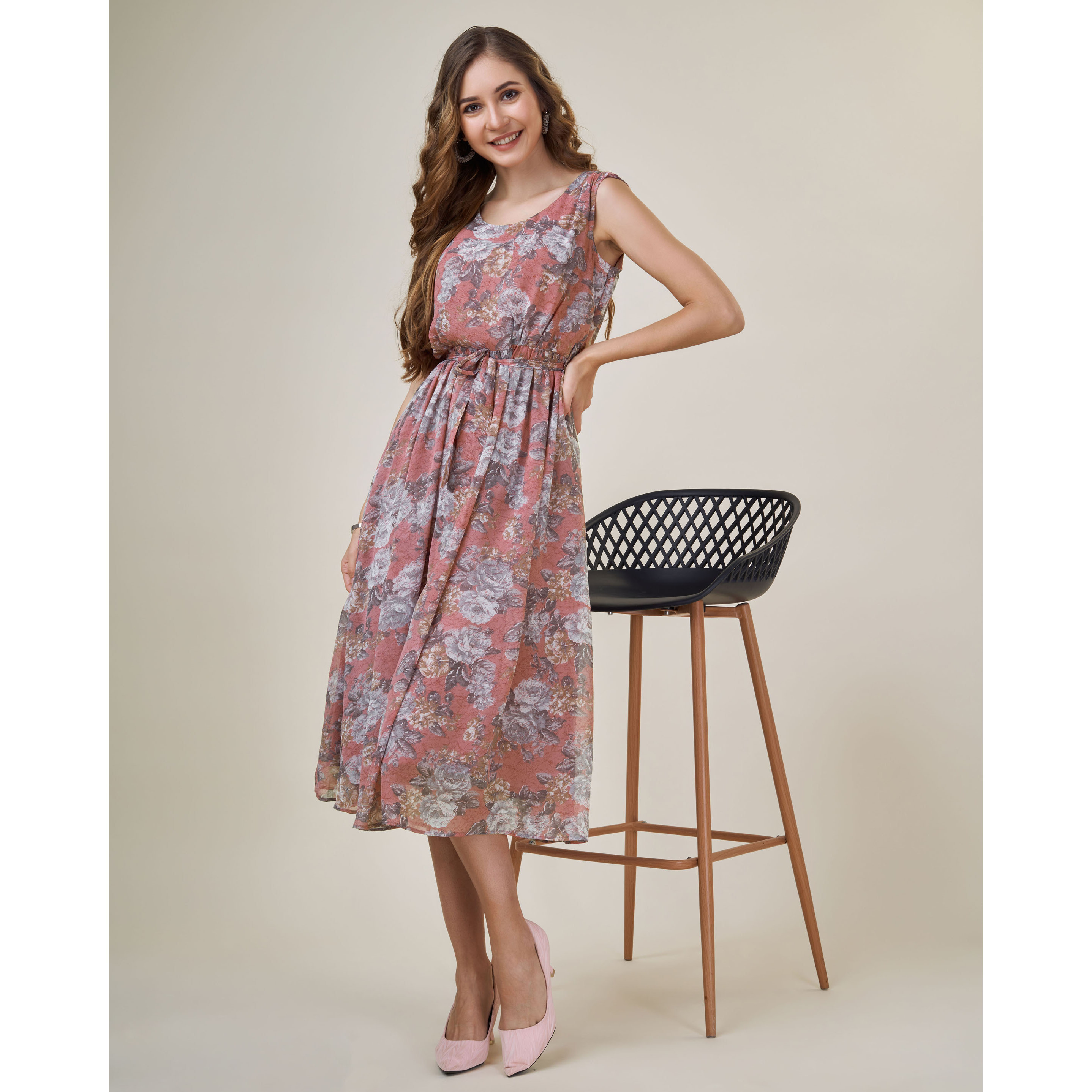 MOJILAA Women's Brown Georgette Abstract Printed Gathered Dress With Belt (Size S, Color Brown)