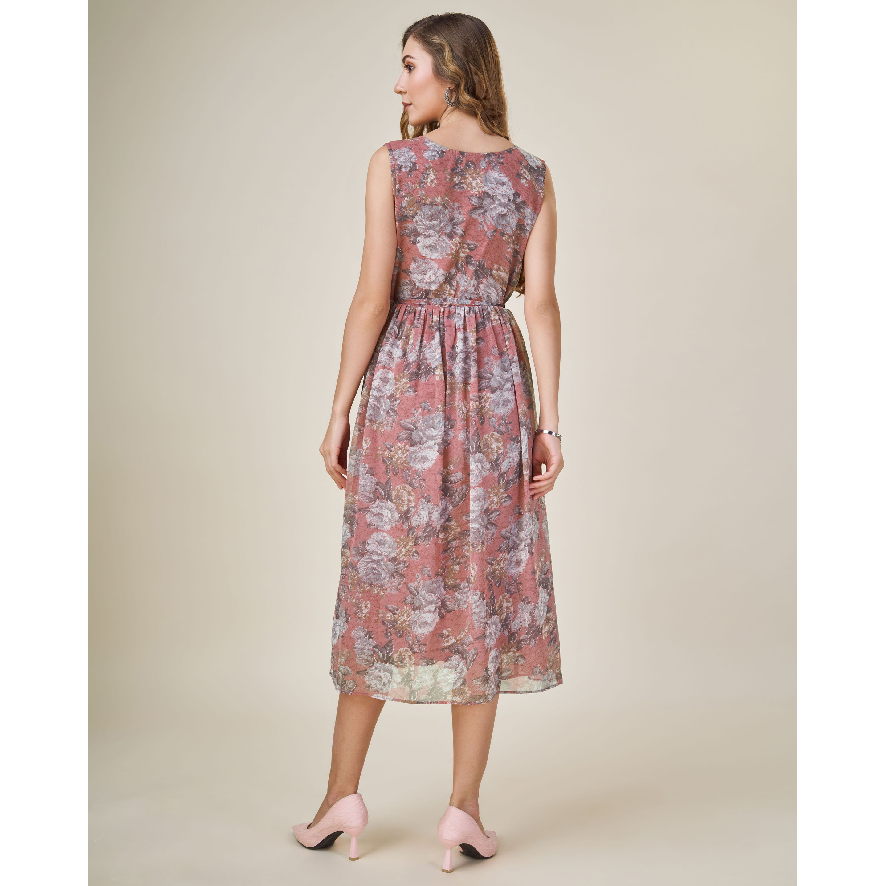 MOJILAA Women's Brown Georgette Abstract Printed Gathered Dress With Belt (Size S, Color Brown)