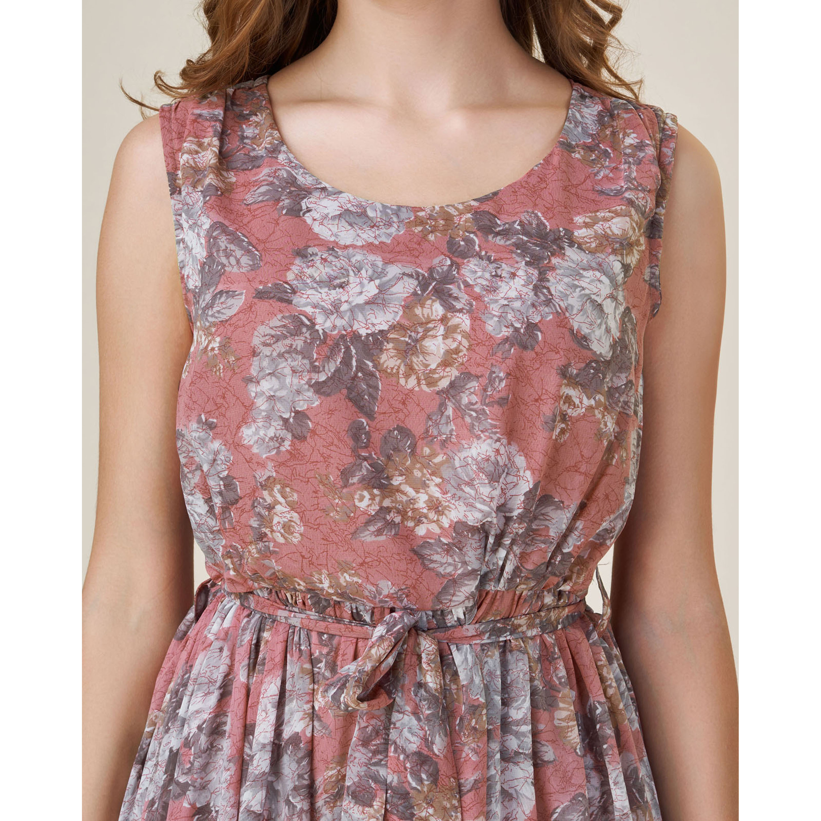 MOJILAA Women's Brown Georgette Abstract Printed Gathered Dress With Belt (Size S, Color Brown)