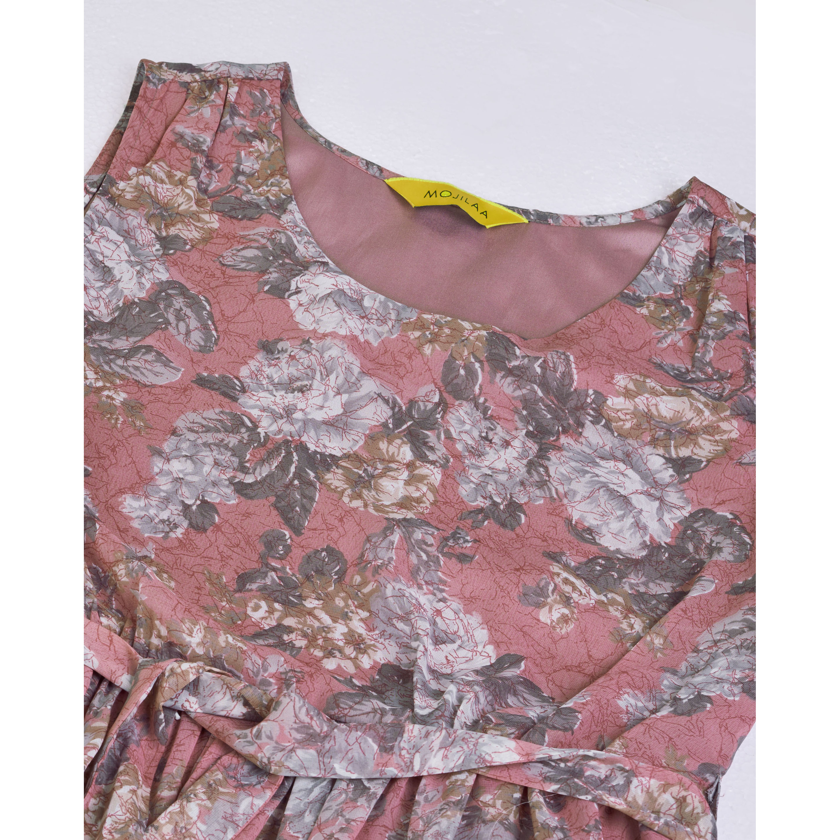 MOJILAA Women's Brown Georgette Abstract Printed Gathered Dress With Belt (Size S, Color Brown)