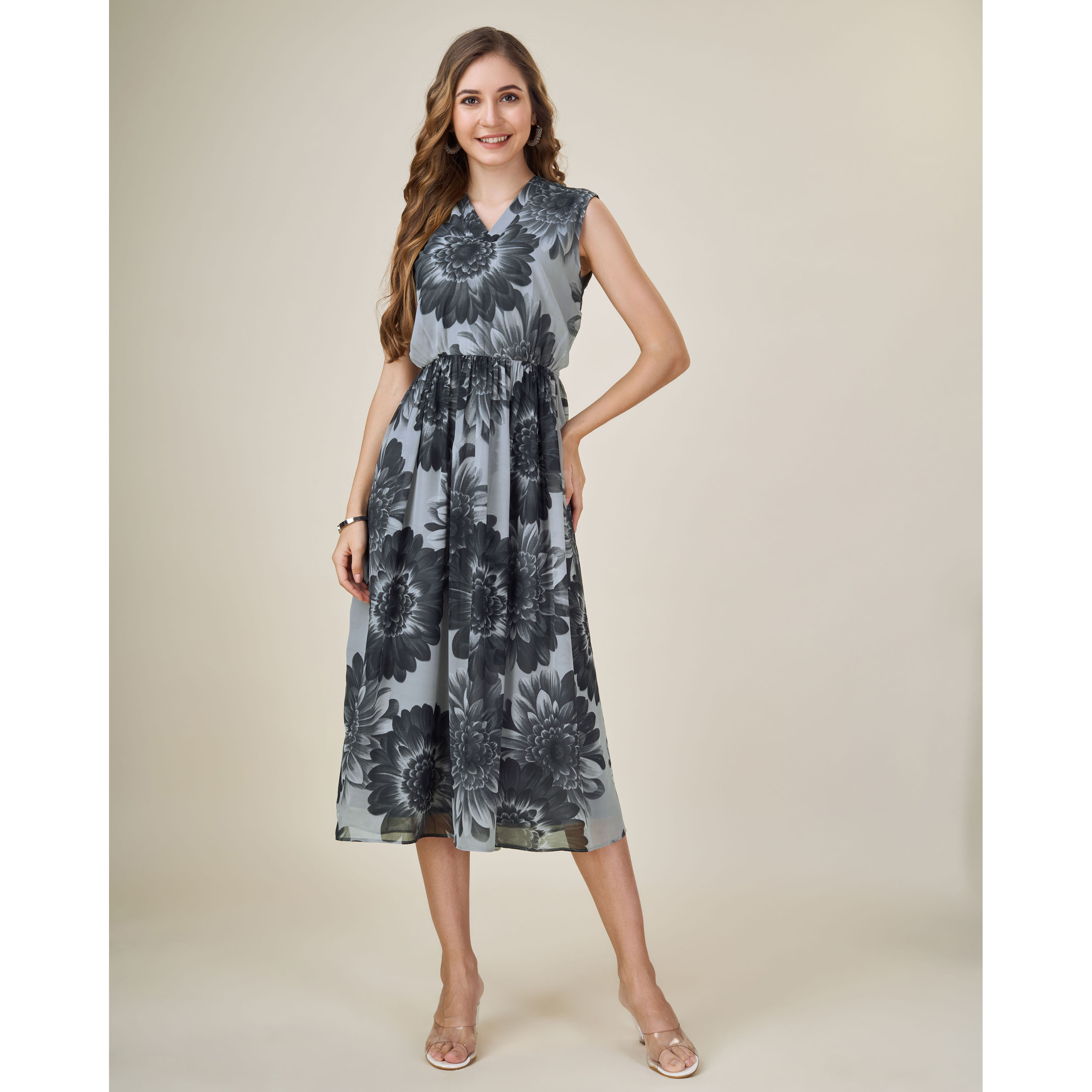 MOJILAA Women's Black Georgette Floral Printed Gathered Dress