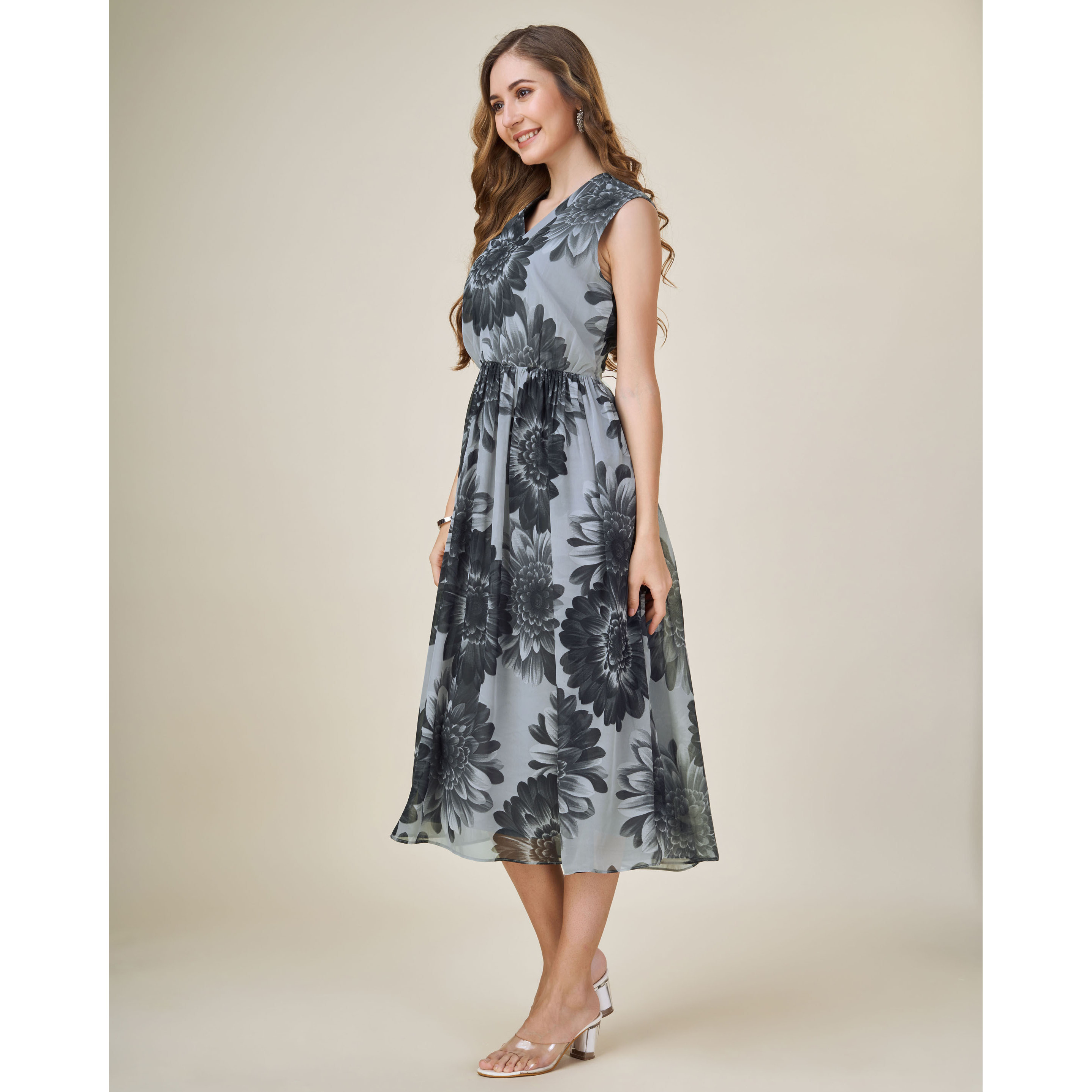 MOJILAA Women's Black Georgette Floral Printed Gathered Dress (Size S, Color Black)