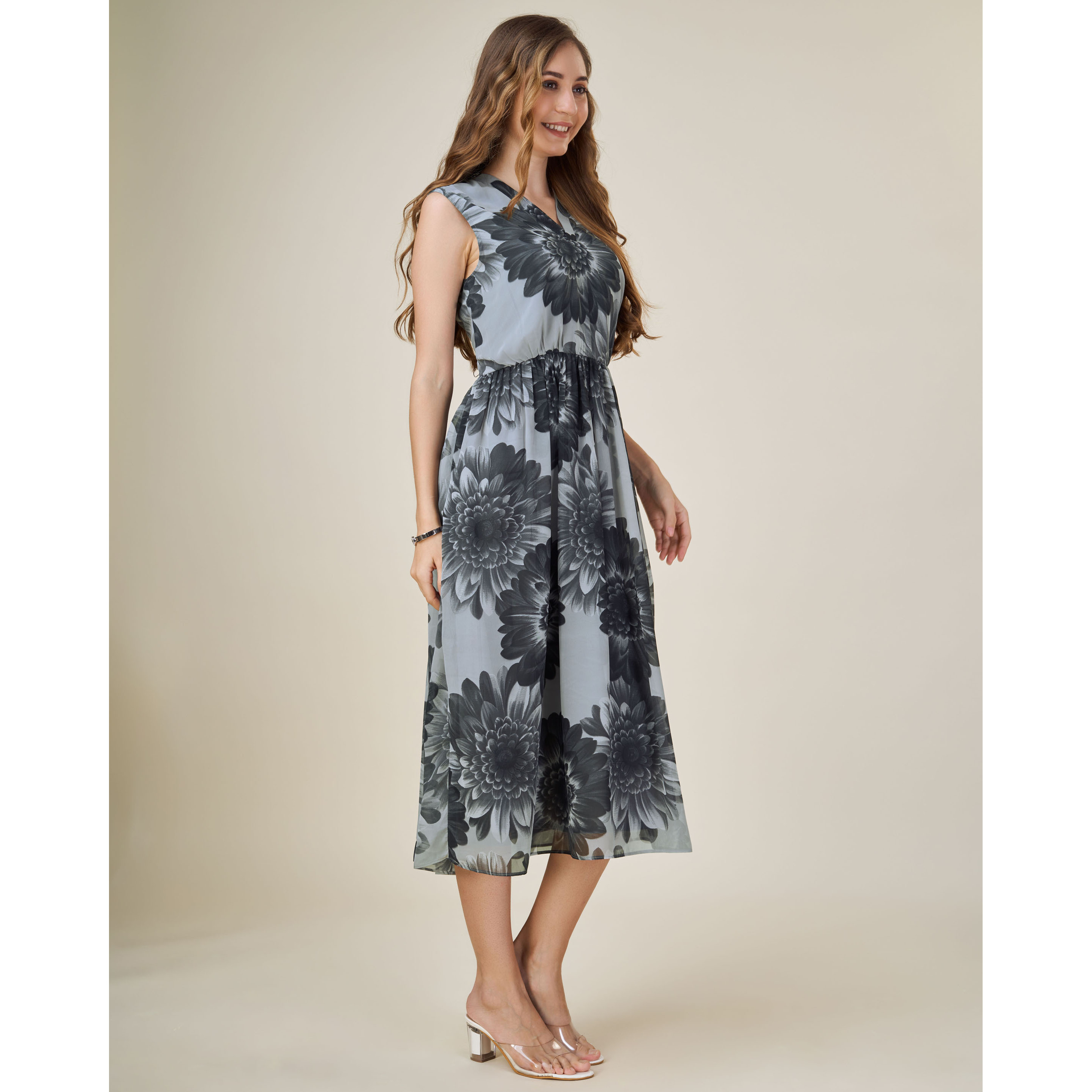MOJILAA Women's Black Georgette Floral Printed Gathered Dress (Size S, Color Black)