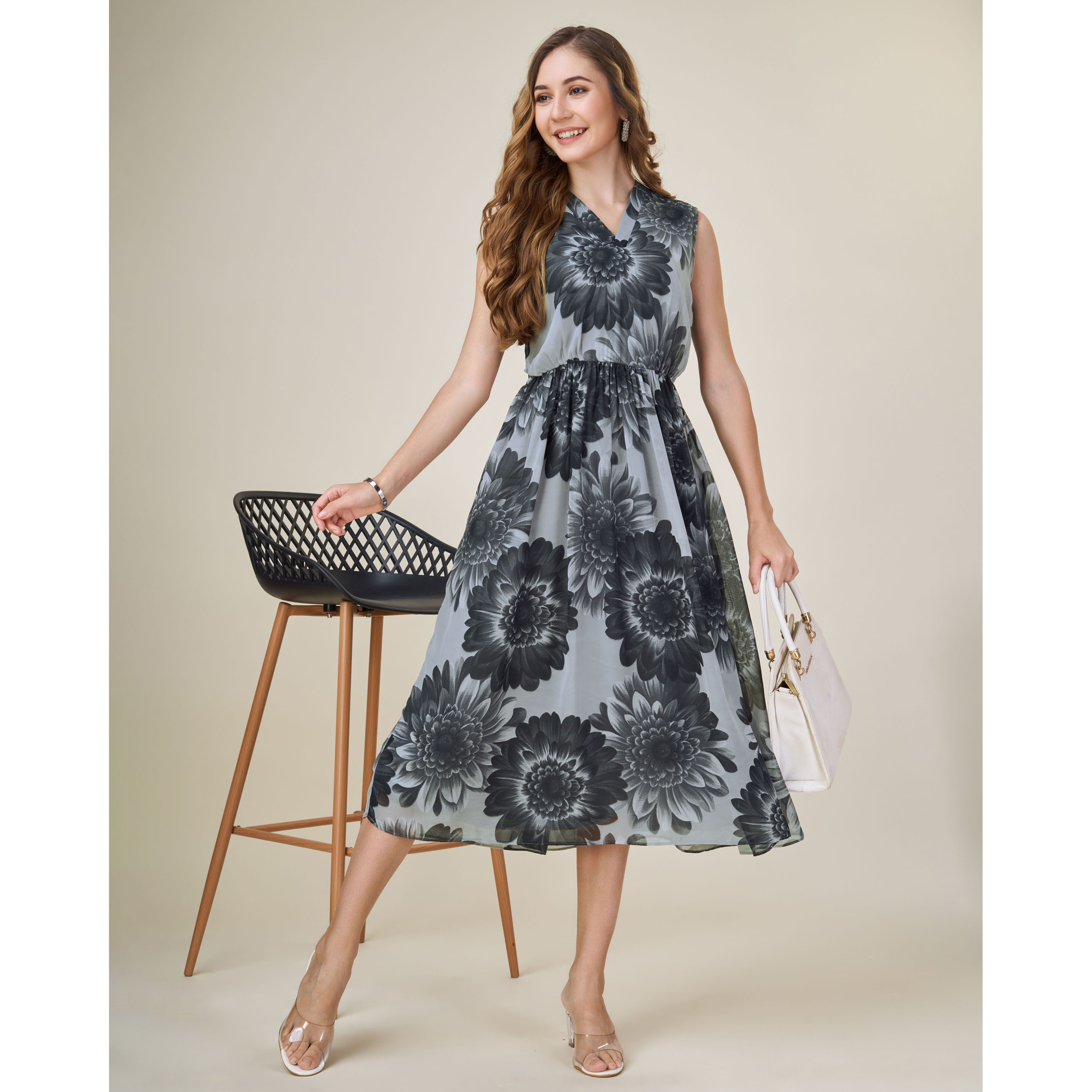 MOJILAA Women's Black Georgette Floral Printed Gathered Dress (Size S, Color Black)