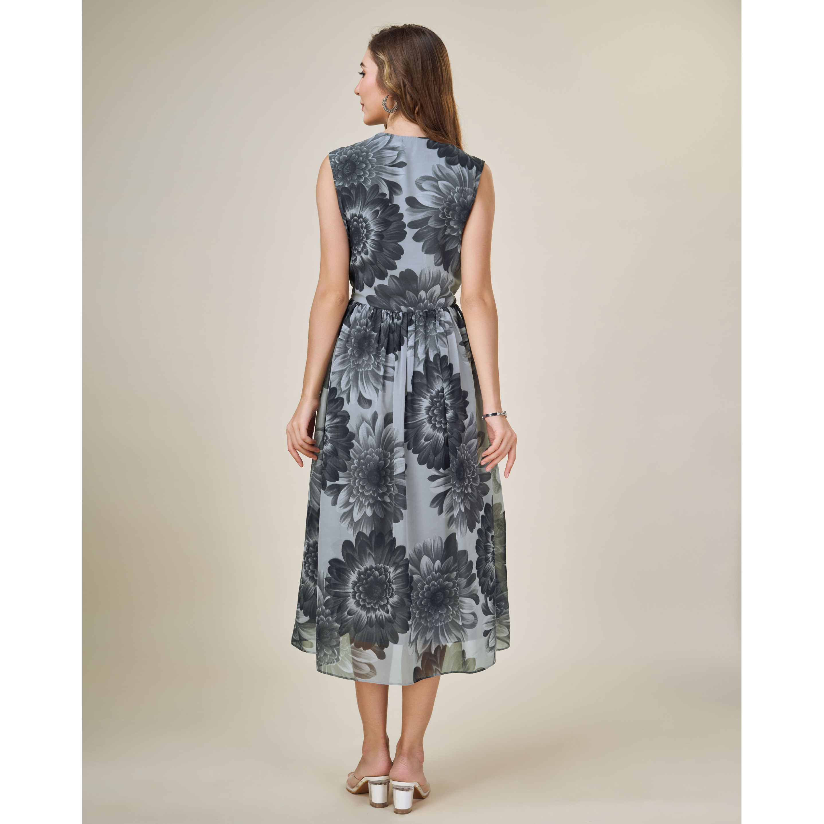 MOJILAA Women's Black Georgette Floral Printed Gathered Dress (Size S, Color Black)
