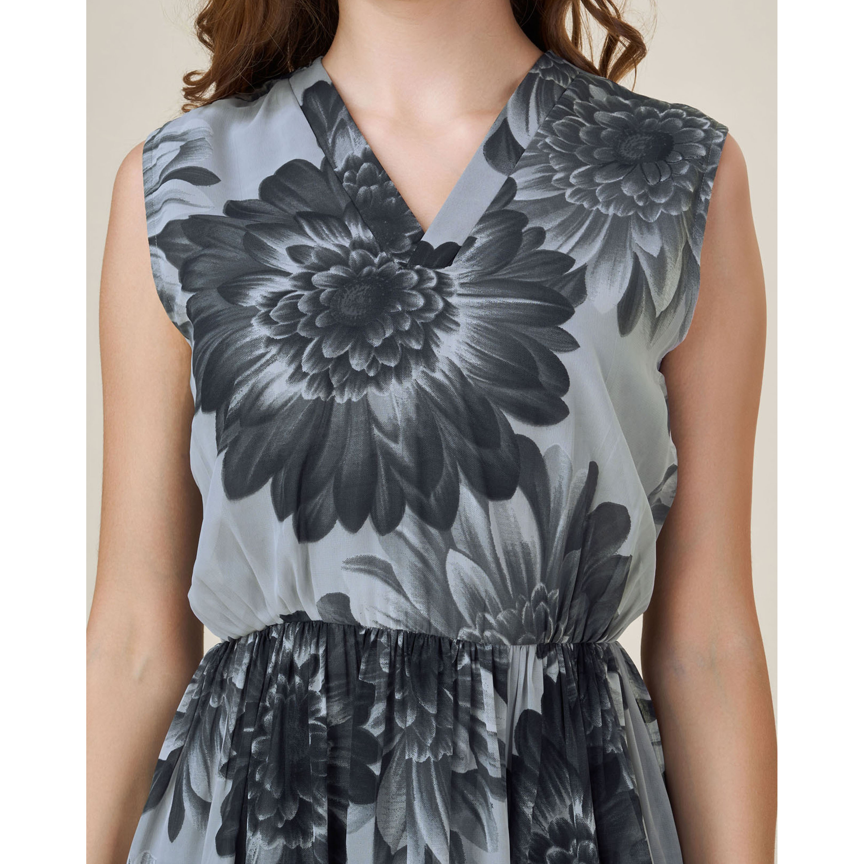 MOJILAA Women's Black Georgette Floral Printed Gathered Dress (Size S, Color Black)