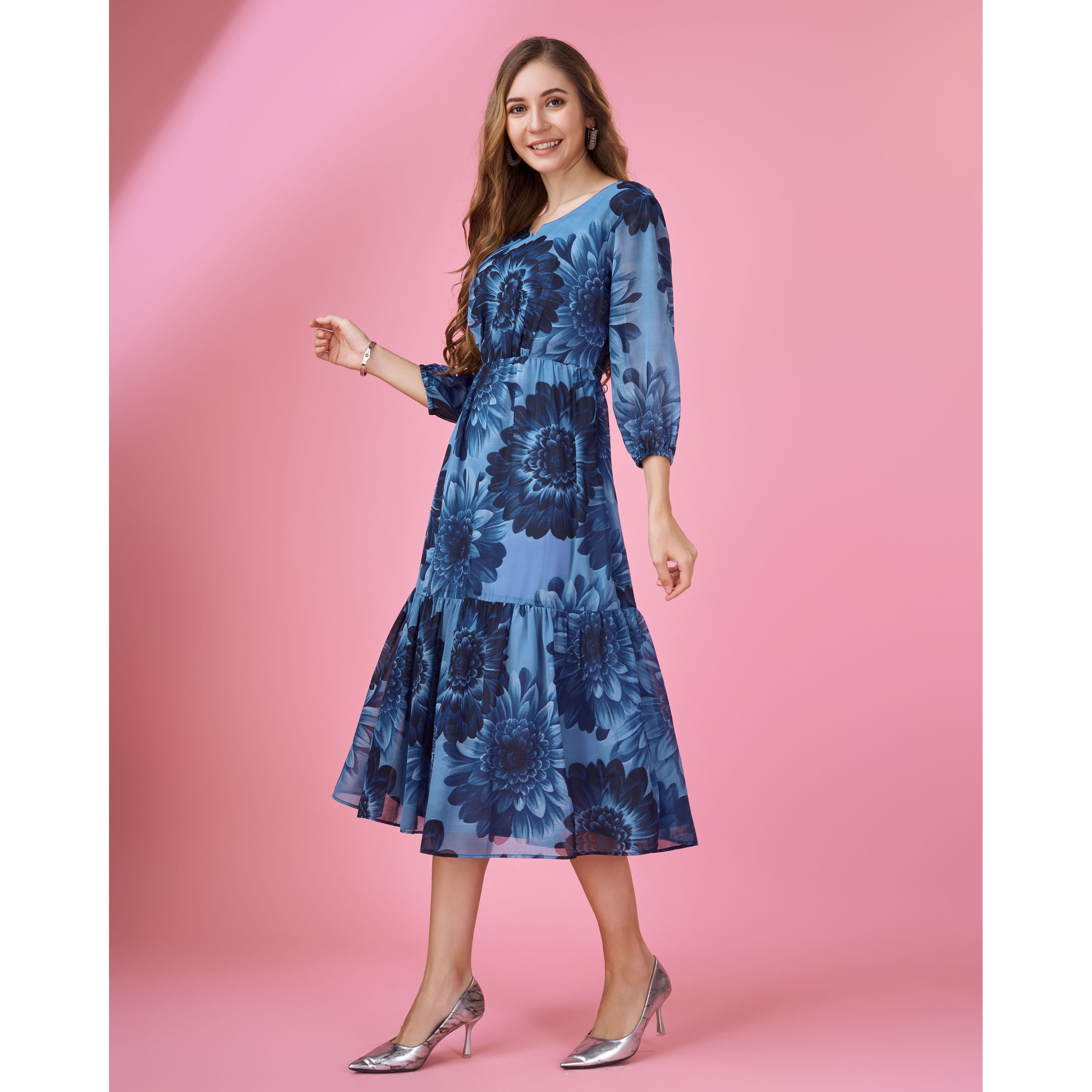 MOJILAA Women's Blue Georgette Floral Printed Tiered Dress (Size S, Color Blue)
