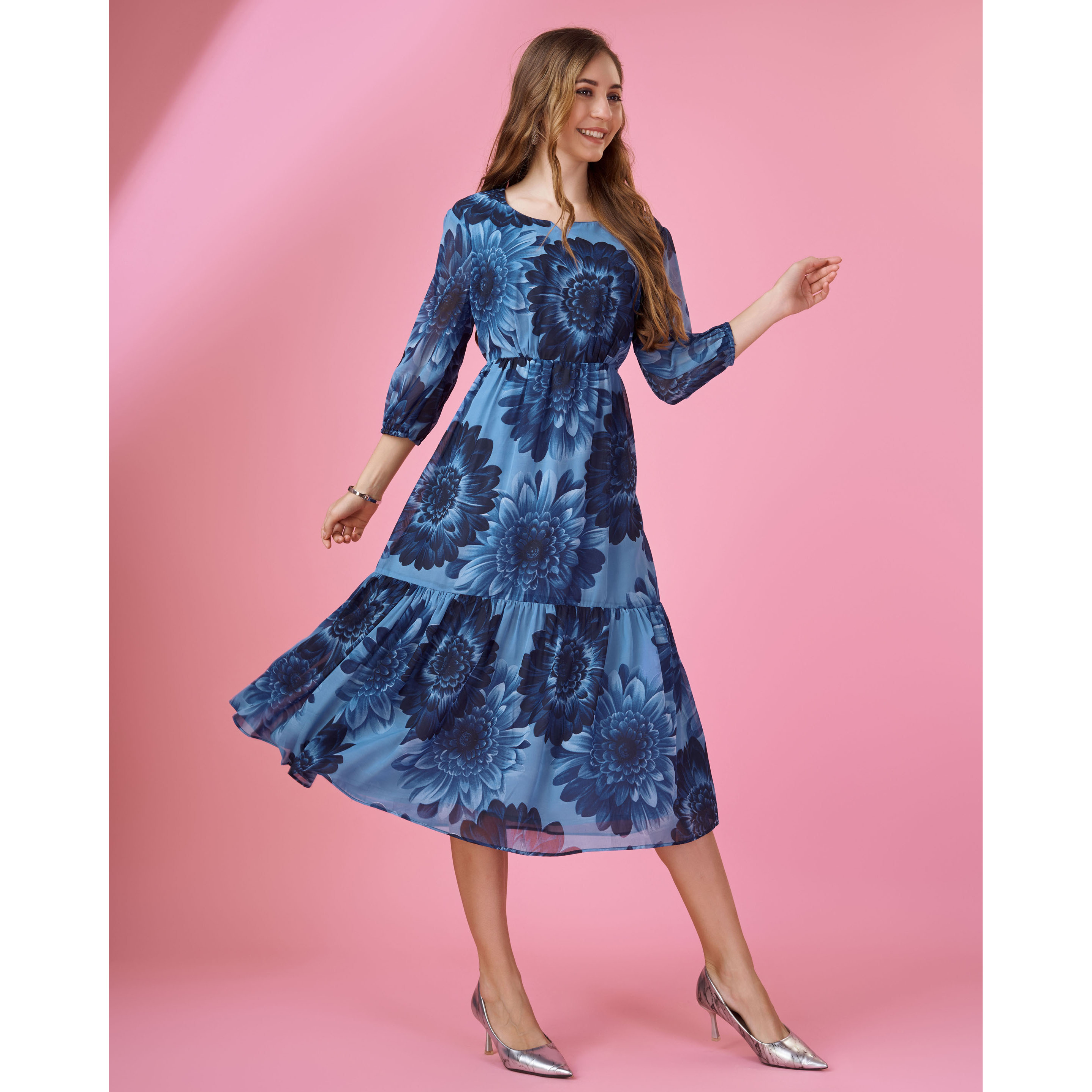 MOJILAA Women's Blue Georgette Floral Printed Tiered Dress (Size S, Color Blue)