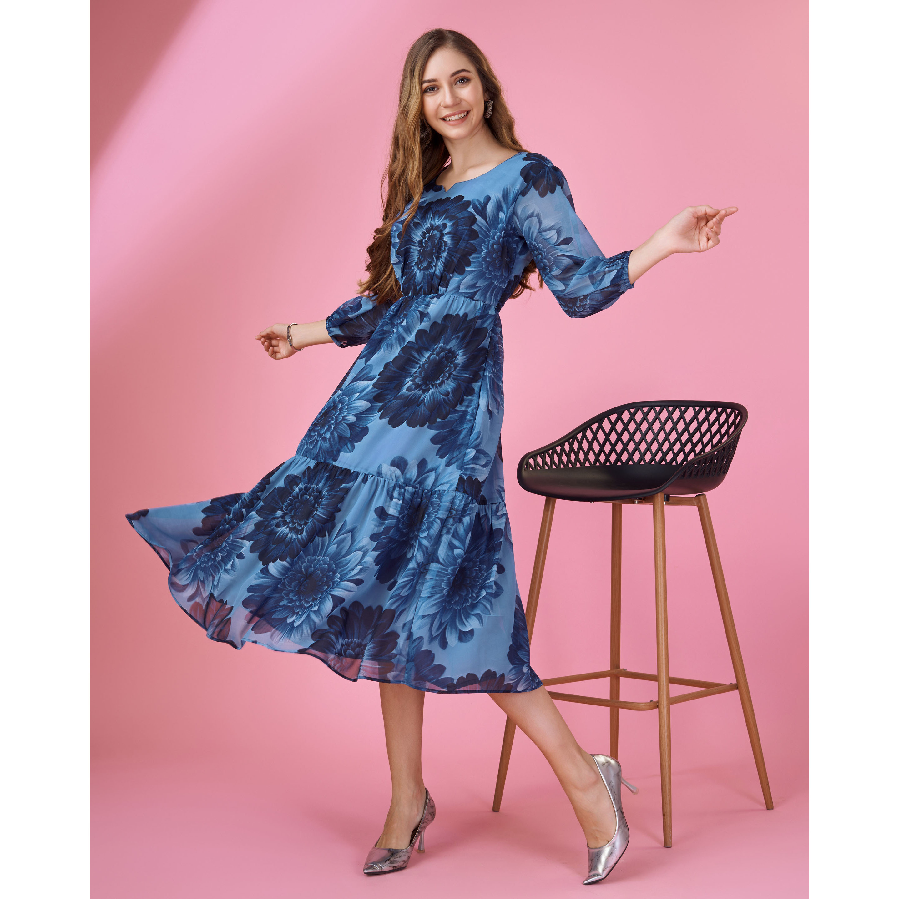 MOJILAA Women's Blue Georgette Floral Printed Tiered Dress (Size S, Color Blue)