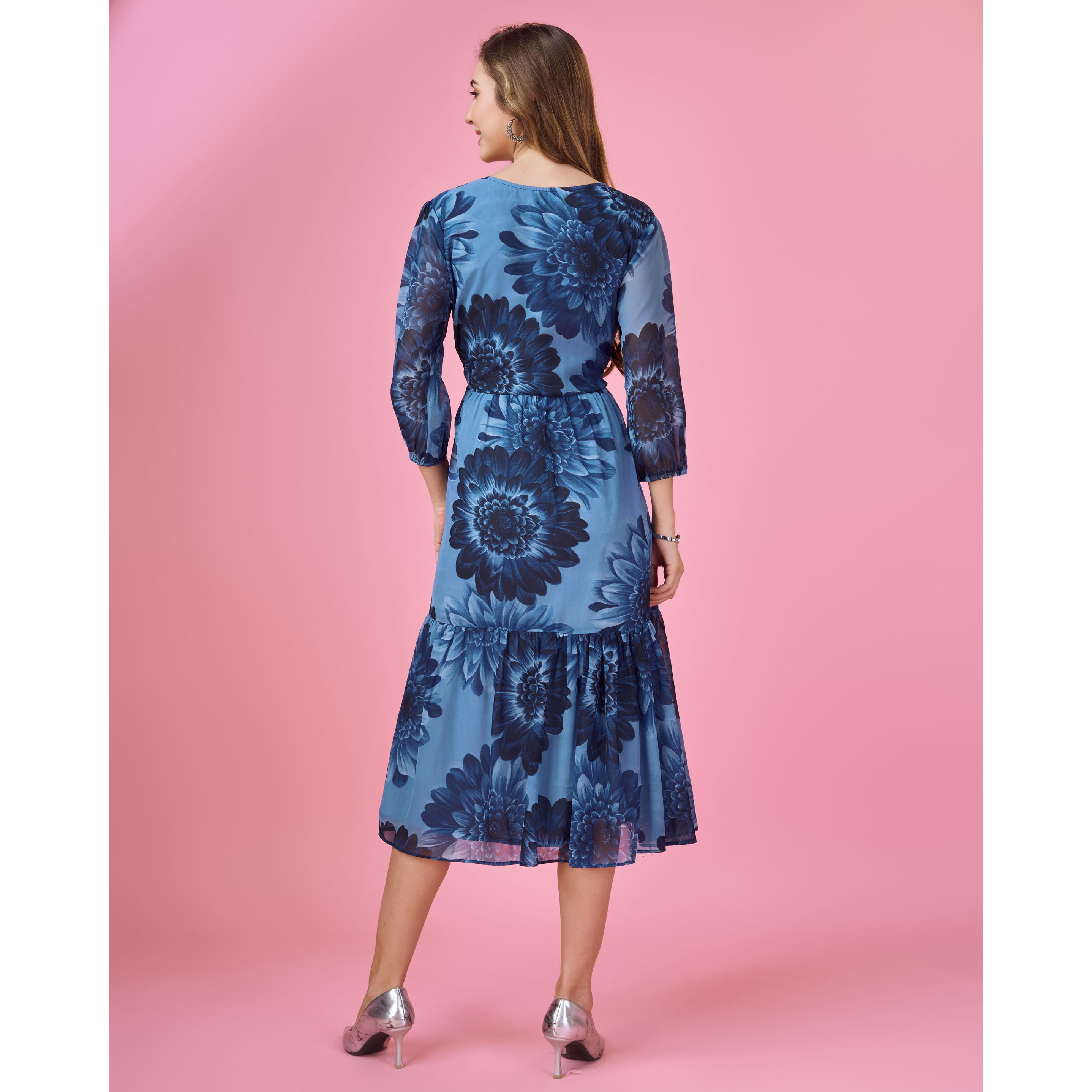 MOJILAA Women's Blue Georgette Floral Printed Tiered Dress (Size S, Color Blue)
