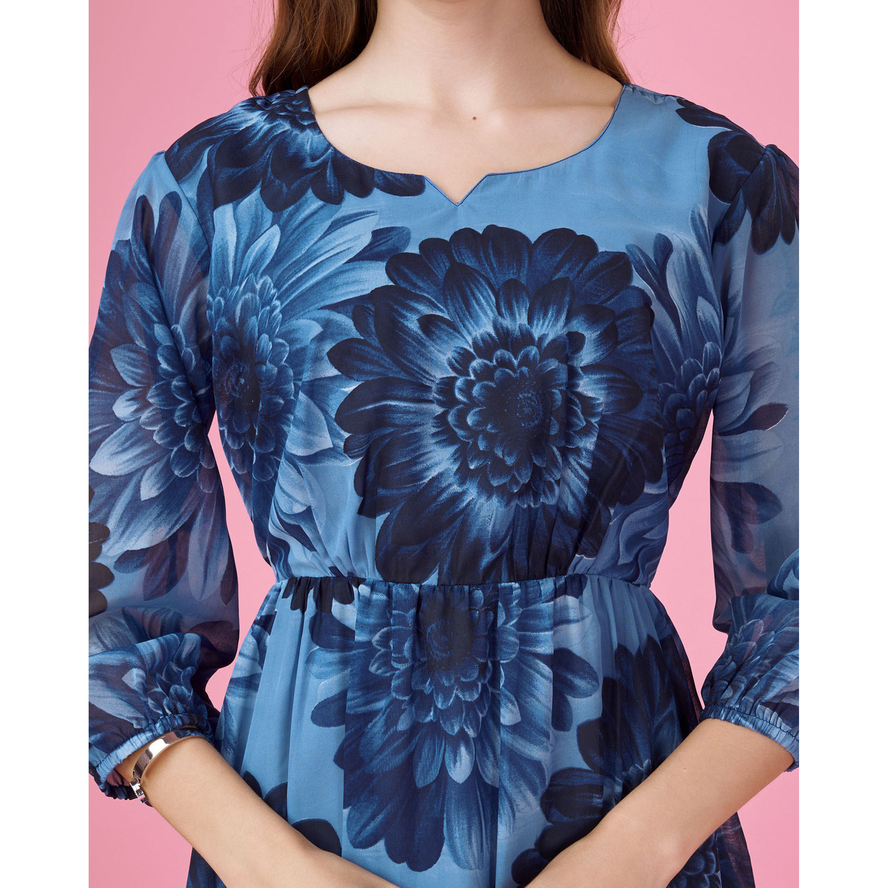 MOJILAA Women's Blue Georgette Floral Printed Tiered Dress (Size S, Color Blue)