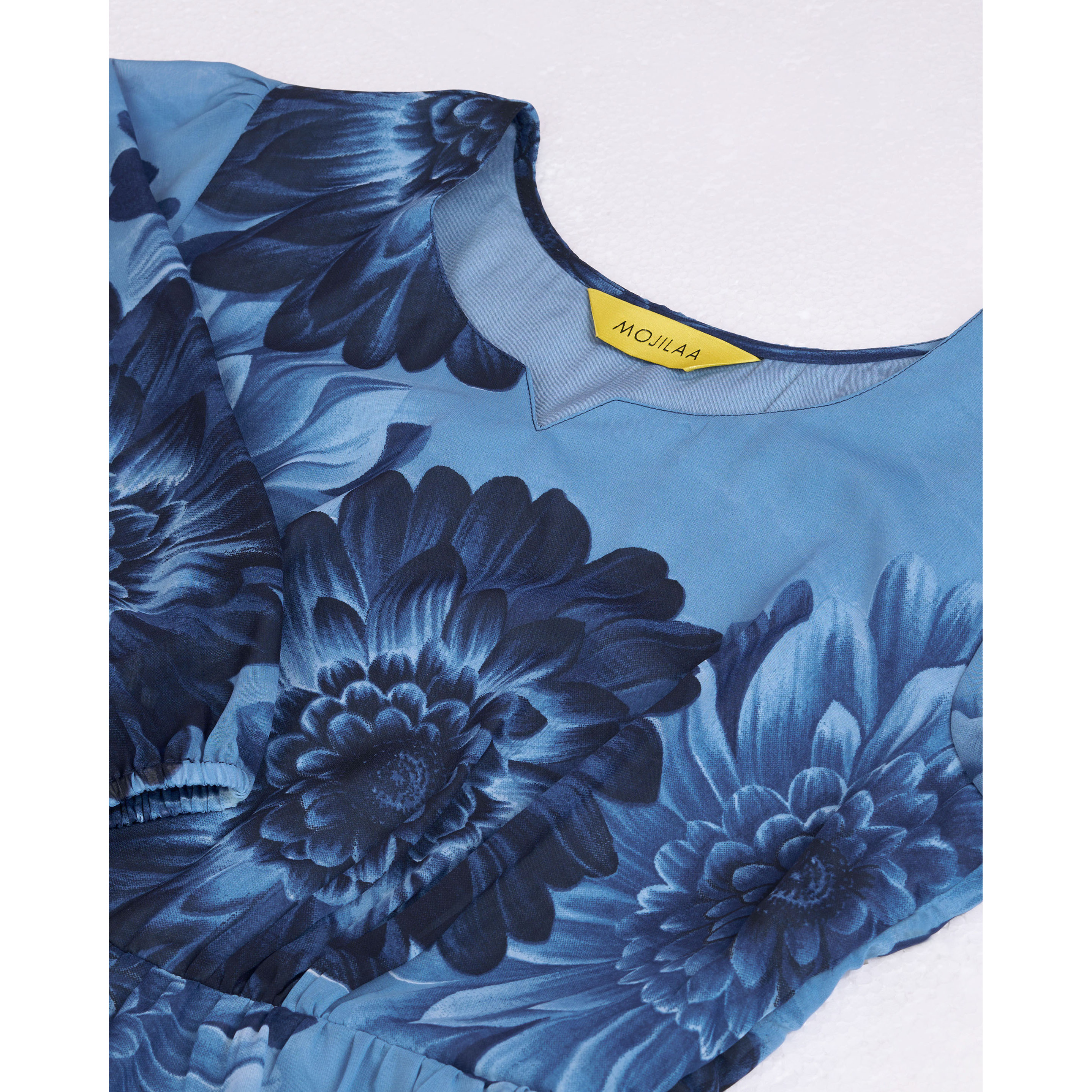 MOJILAA Women's Blue Georgette Floral Printed Tiered Dress (Size S, Color Blue)