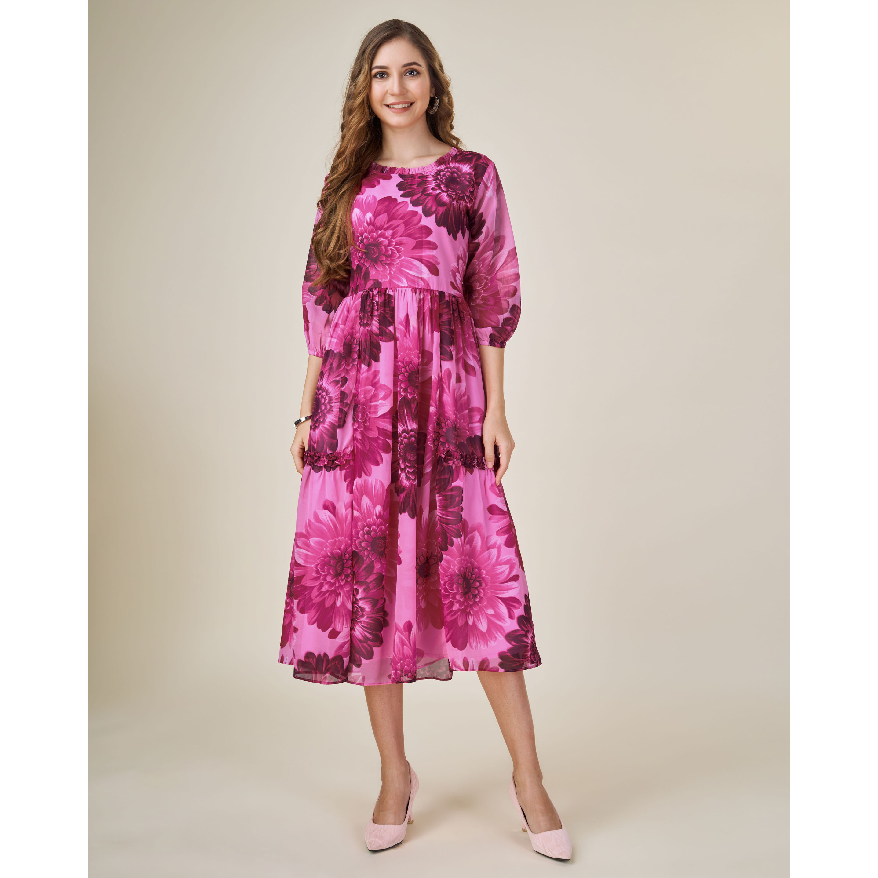 MOJILAA Women's Pink Georgette Floral Printed Fit and Flare Dress With Ruffles