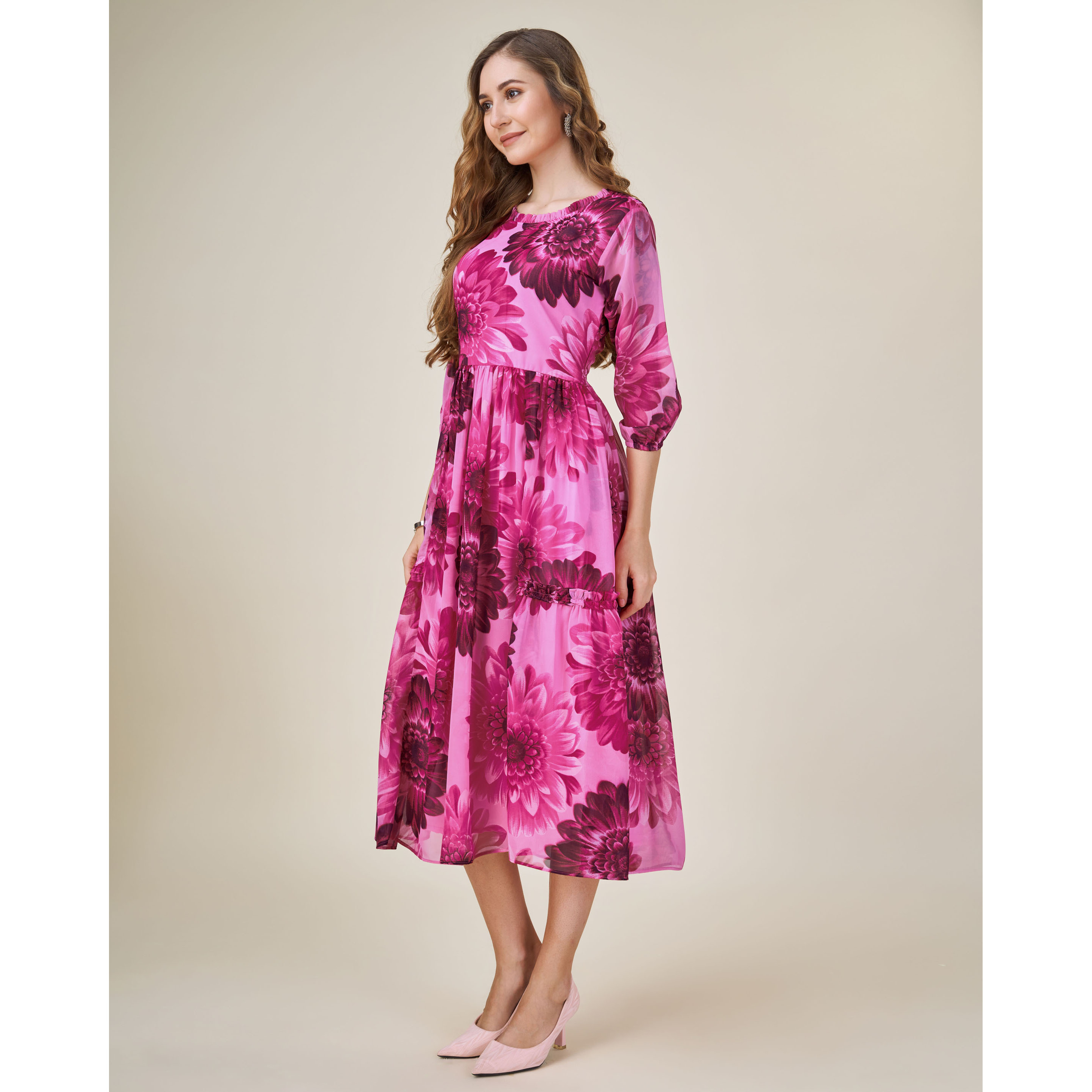 MOJILAA Women's Pink Georgette Floral Printed Fit and Flare Dress With Ruffles (Size S, Color Pink)