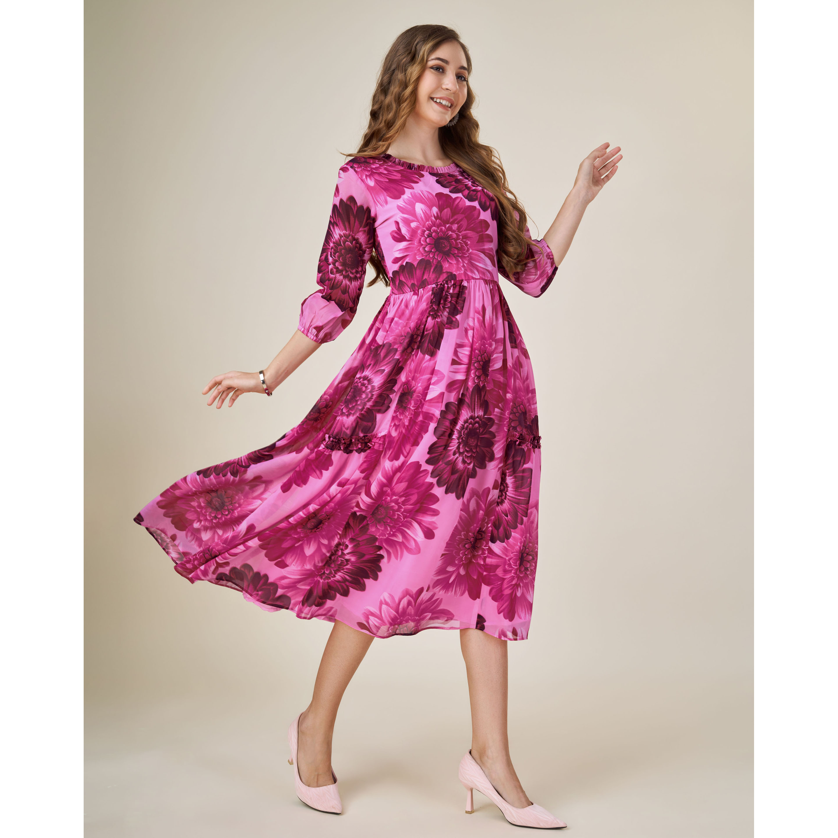 MOJILAA Women's Pink Georgette Floral Printed Fit and Flare Dress With Ruffles (Size S, Color Pink)