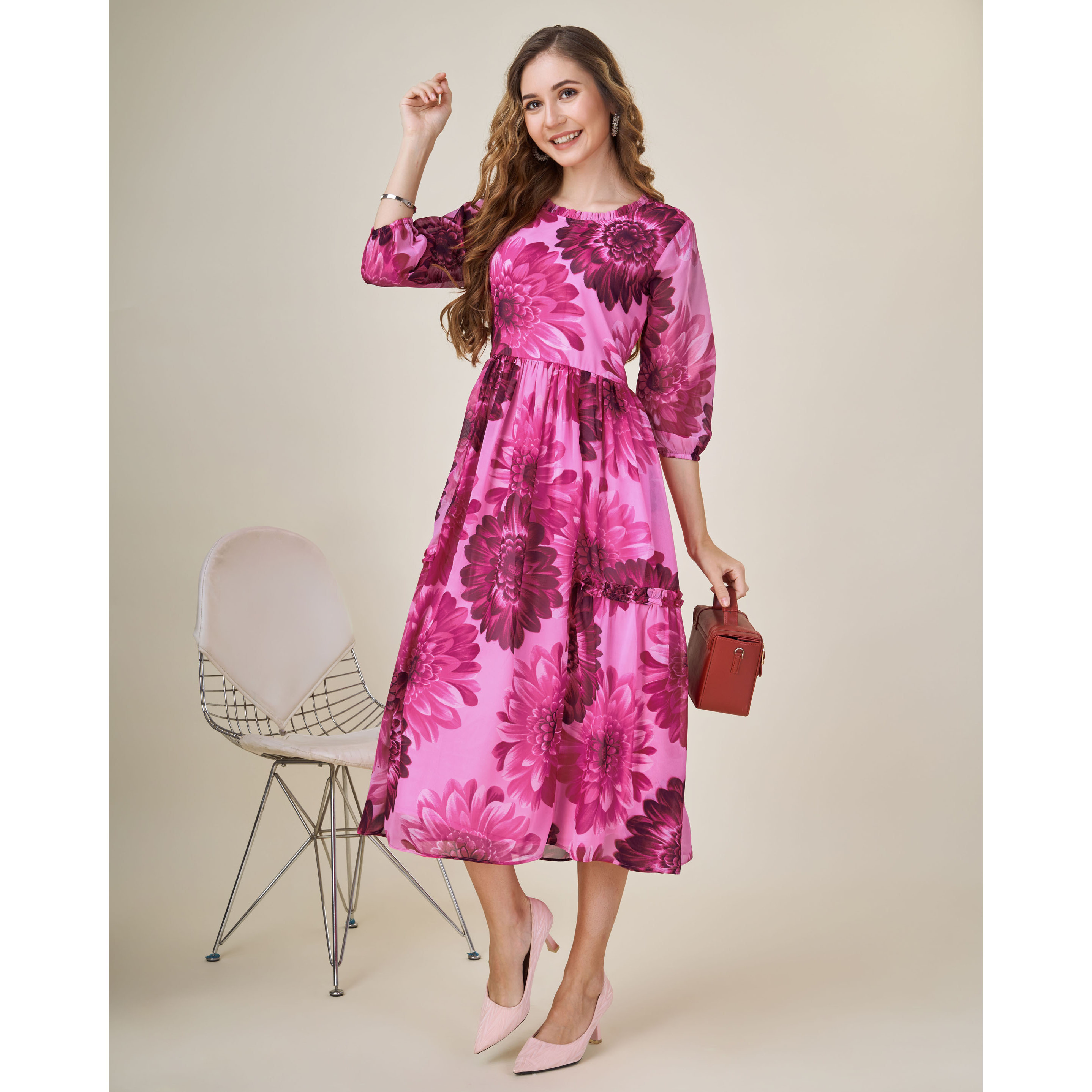 MOJILAA Women's Pink Georgette Floral Printed Fit and Flare Dress With Ruffles (Size S, Color Pink)