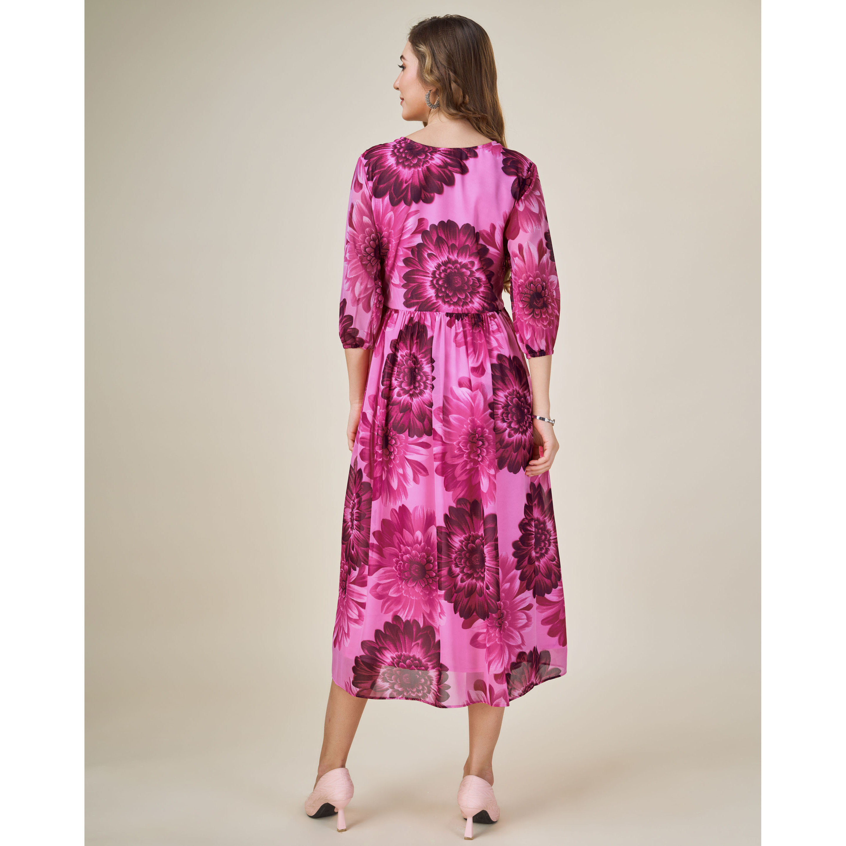 MOJILAA Women's Pink Georgette Floral Printed Fit and Flare Dress With Ruffles (Size S, Color Pink)