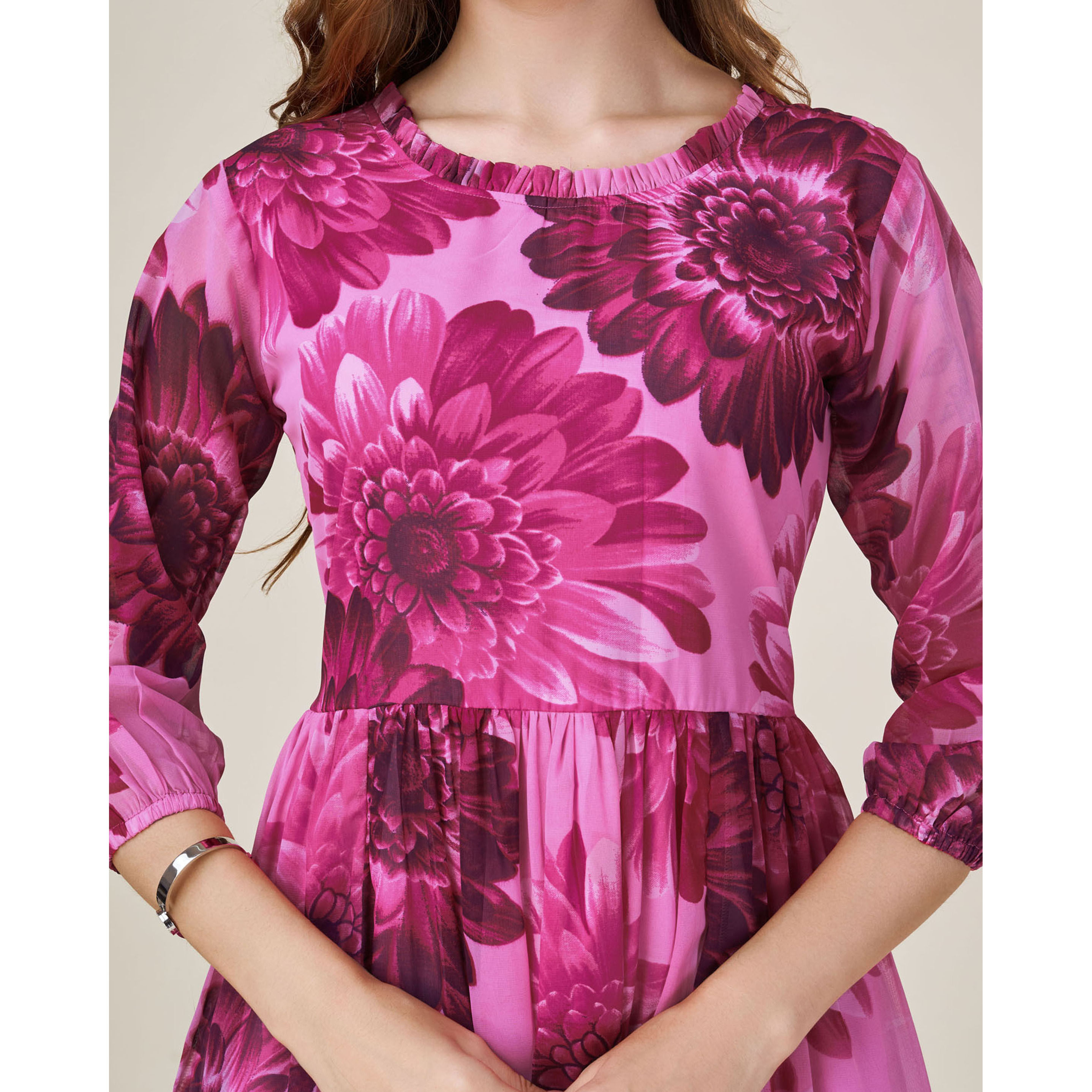 MOJILAA Women's Pink Georgette Floral Printed Fit and Flare Dress With Ruffles (Size S, Color Pink)