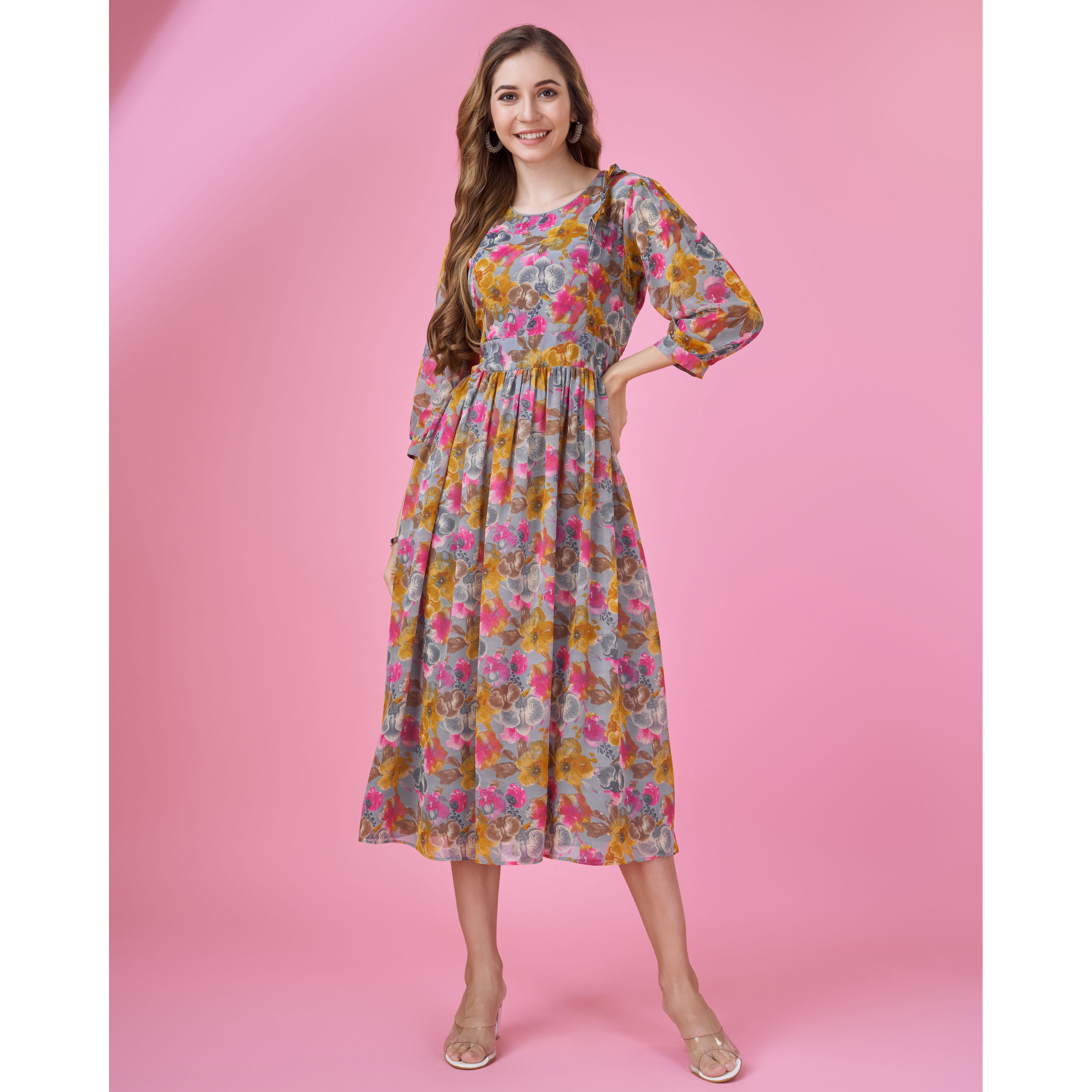 MOJILAA Women's Grey Georgette Abstract Printed Fit and Flare Dress With Ruffles