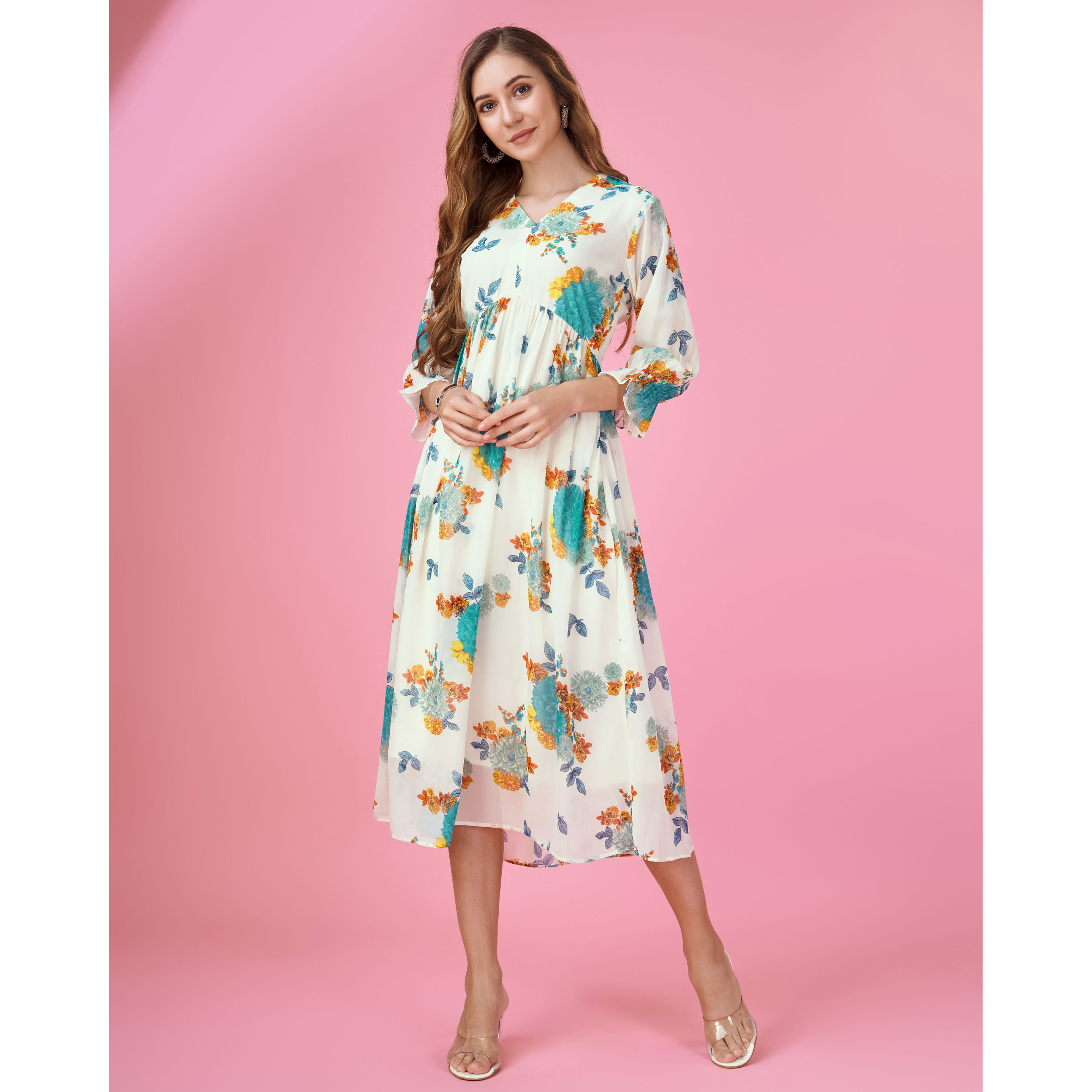 MOJILAA Women's Turquoise Blue Georgette Botanical Printed Flared Dress With Empire Style