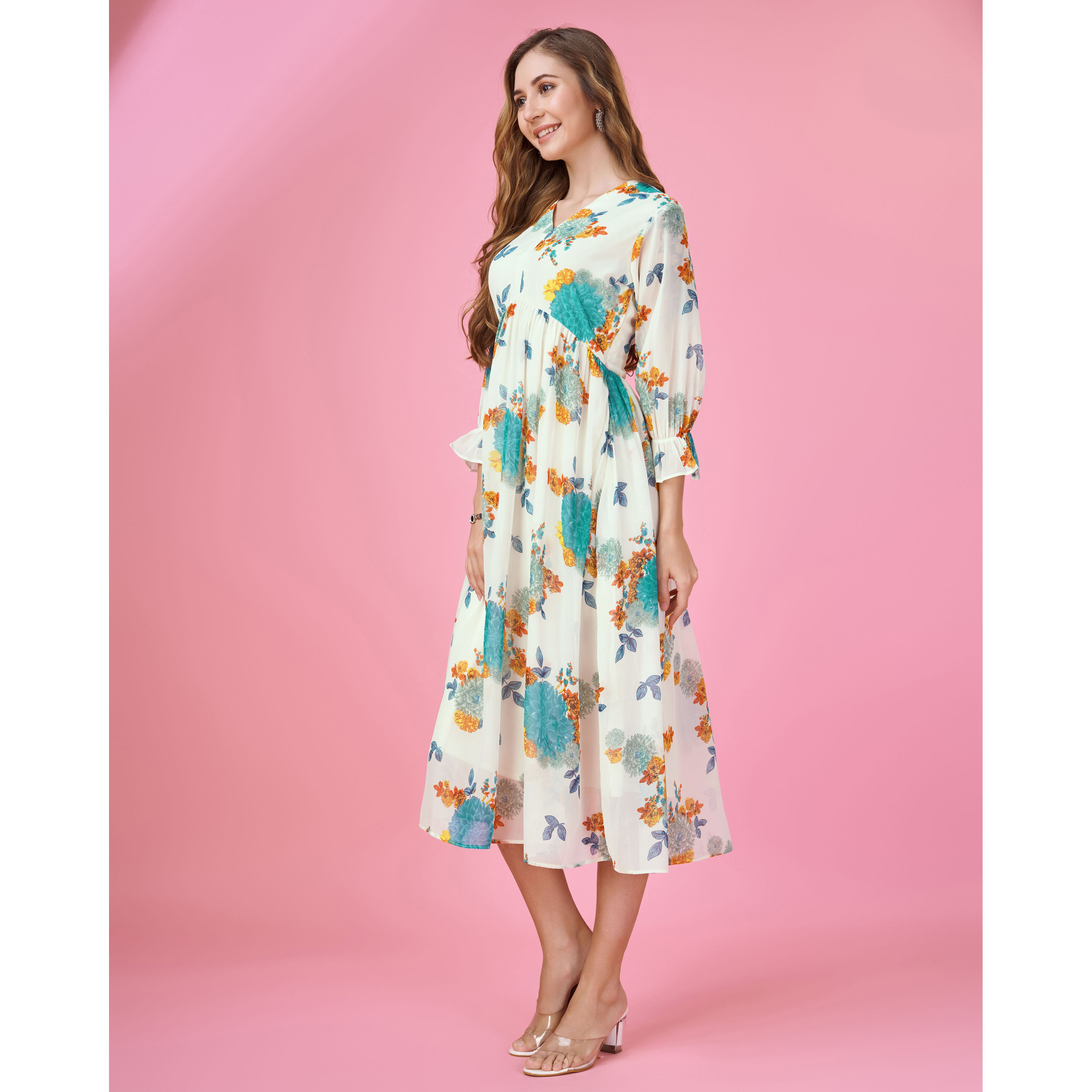 MOJILAA Women's Turquoise Blue Georgette Botanical Printed Flared Dress With Empire Style (Size S, Color Turquoise Blue)
