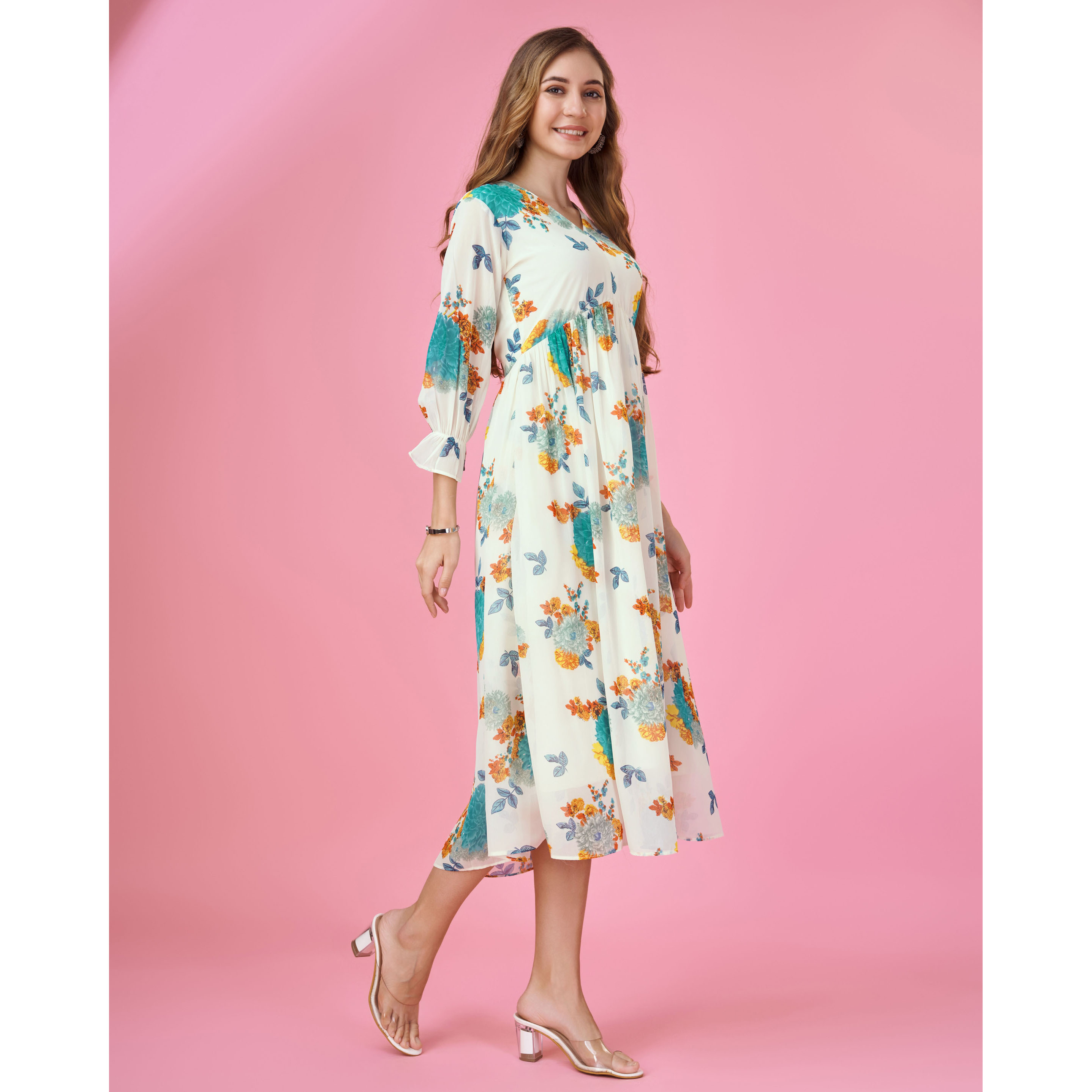 MOJILAA Women's Turquoise Blue Georgette Botanical Printed Flared Dress With Empire Style (Size S, Color Turquoise Blue)