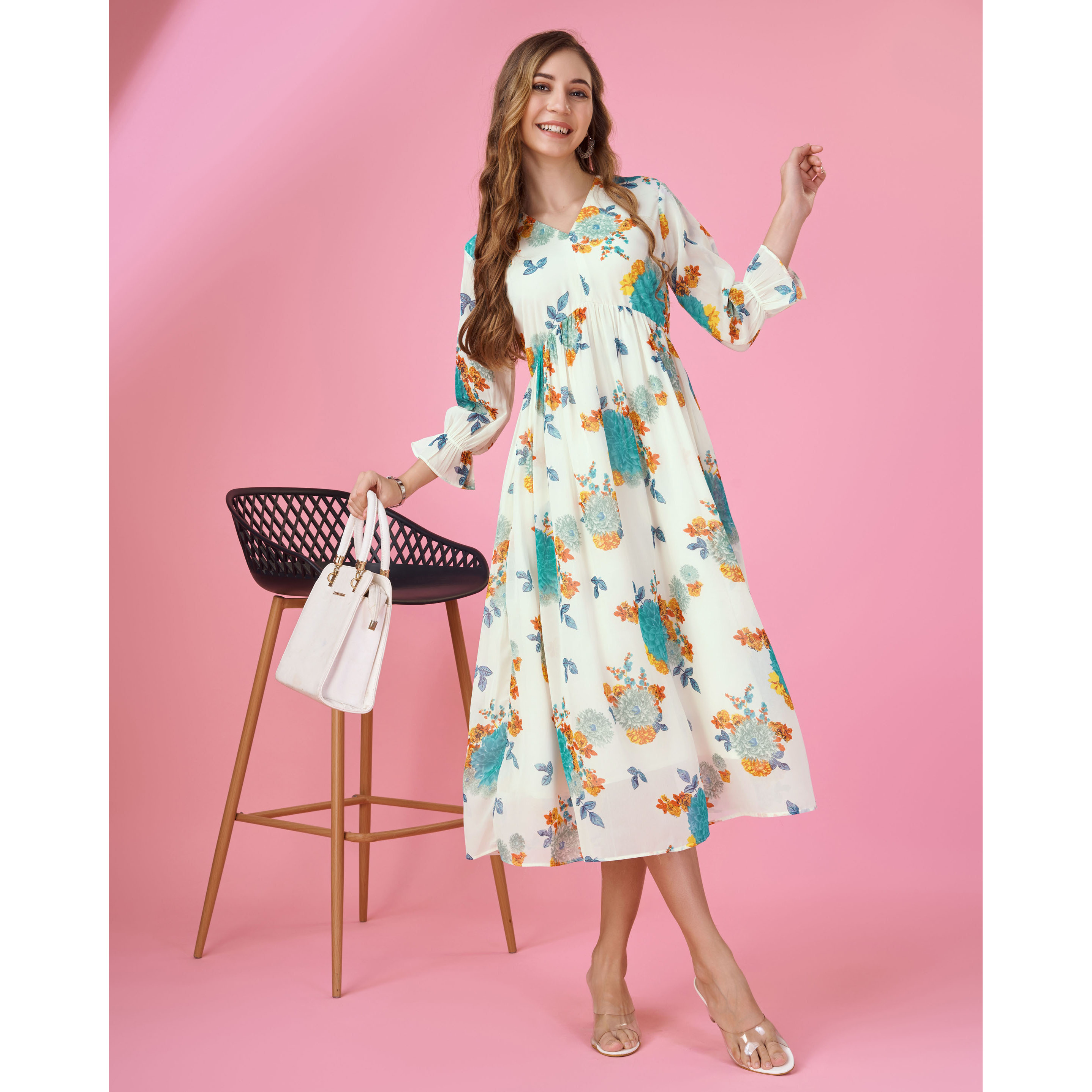 MOJILAA Women's Turquoise Blue Georgette Botanical Printed Flared Dress With Empire Style (Size S, Color Turquoise Blue)