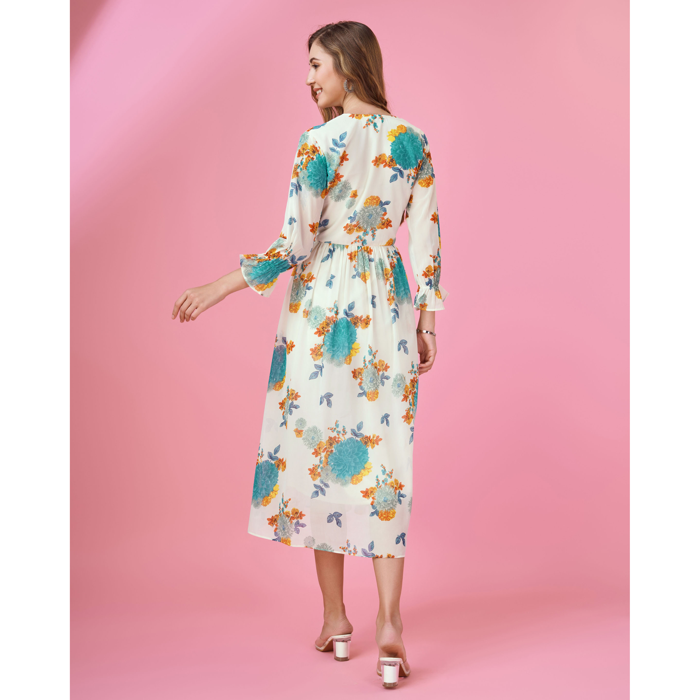 MOJILAA Women's Turquoise Blue Georgette Botanical Printed Flared Dress With Empire Style (Size S, Color Turquoise Blue)