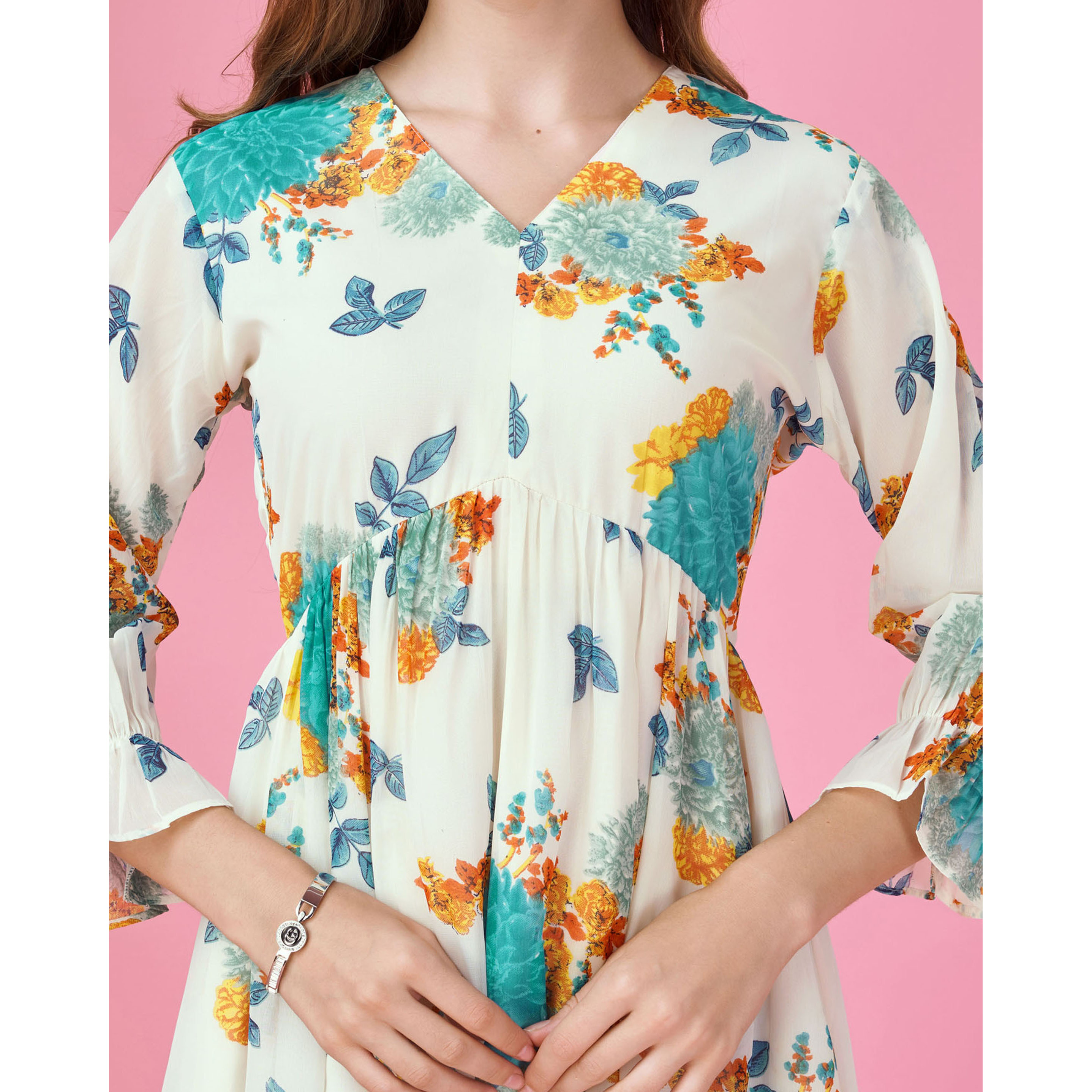 MOJILAA Women's Turquoise Blue Georgette Botanical Printed Flared Dress With Empire Style (Size S, Color Turquoise Blue)